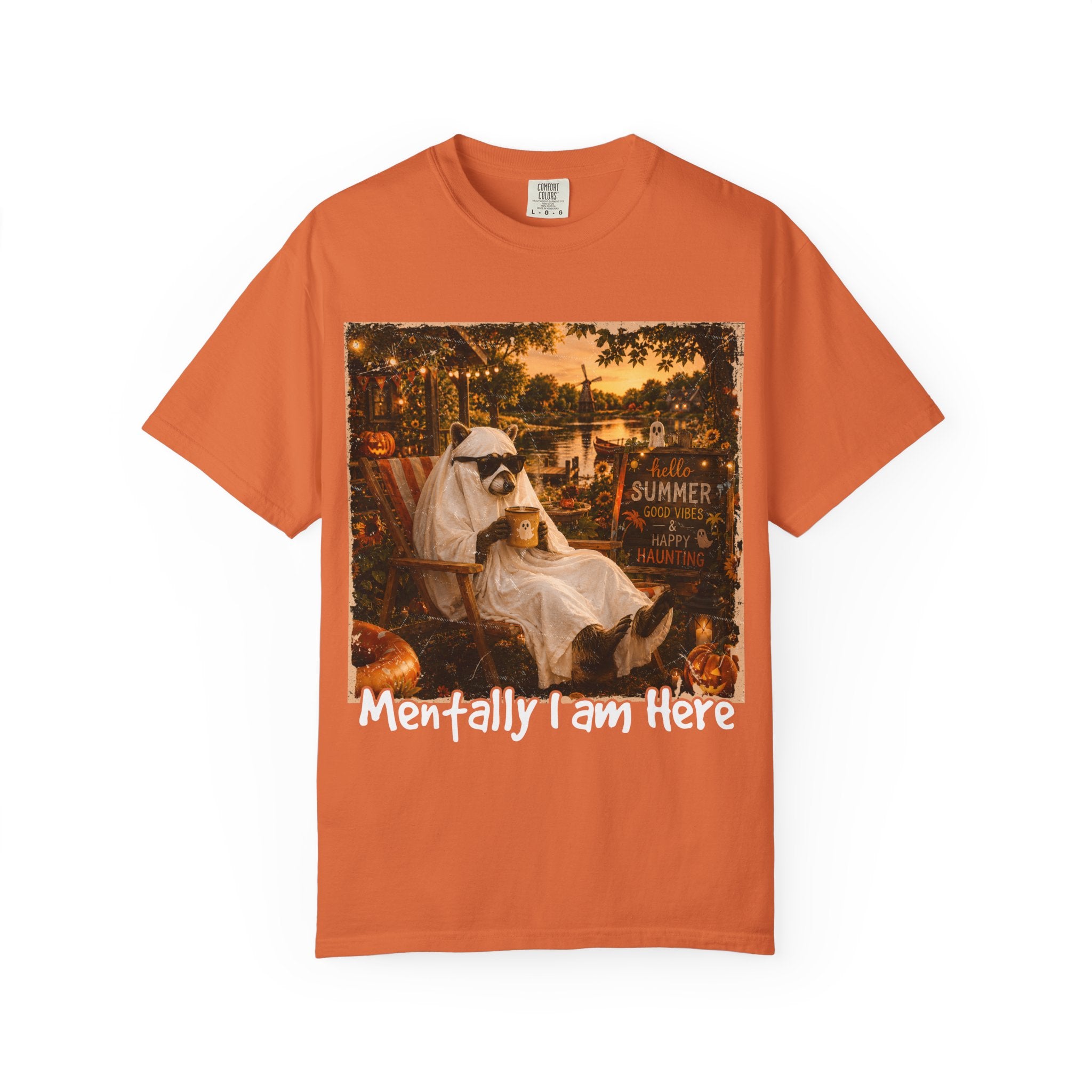 Mentally I Am Here Beach Racoon T-Shirt - Ghost Racoon Summerween Tee