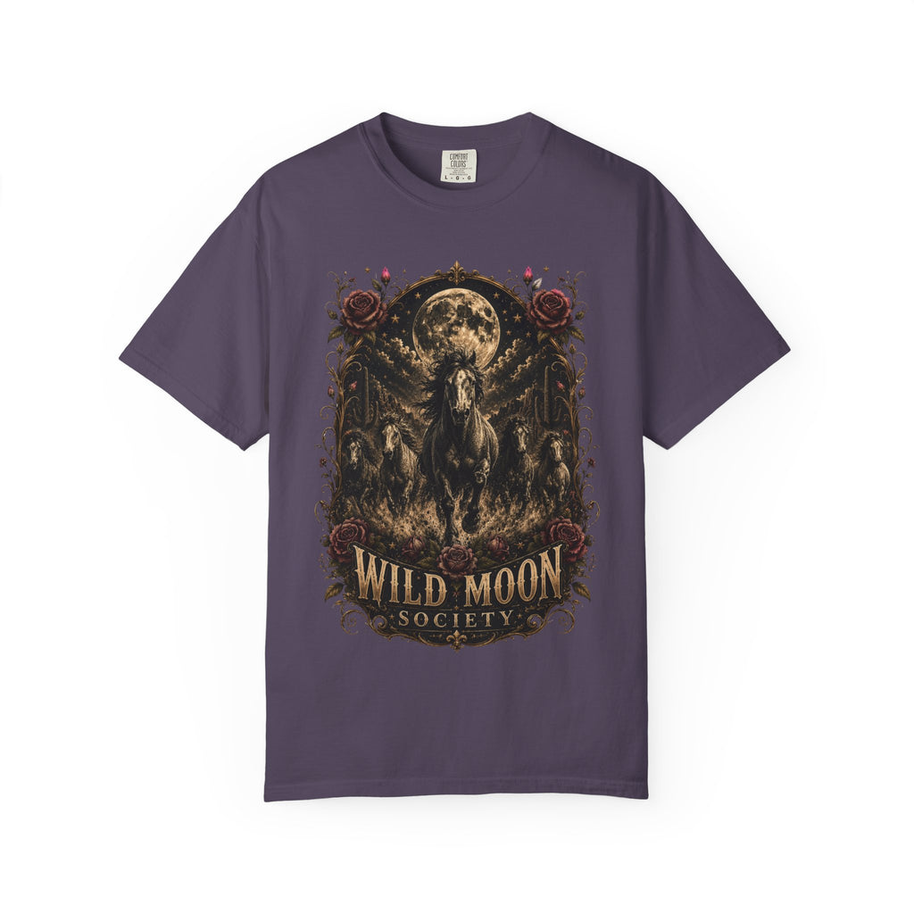Wild Moon Society T-Shirt — Vintage Gothic Moon & Horse Graphic Tee. Midnight Eye, LLC.