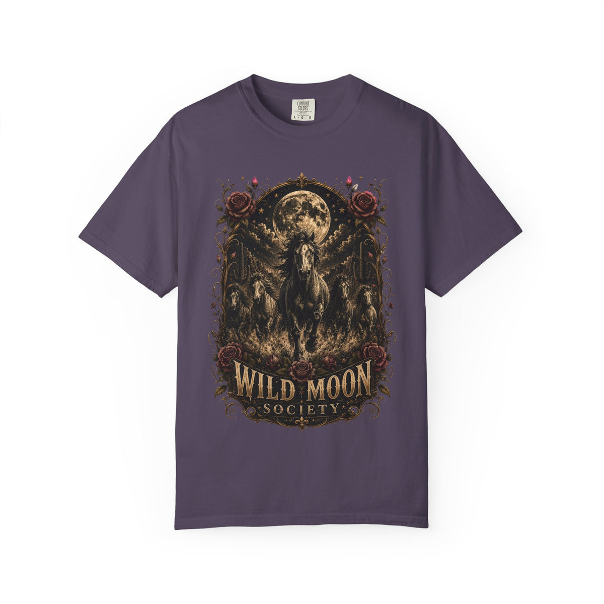 Wild Moon Society T-Shirt — Vintage Gothic Moon & Horse Graphic Tee. Midnight Eye, LLC.