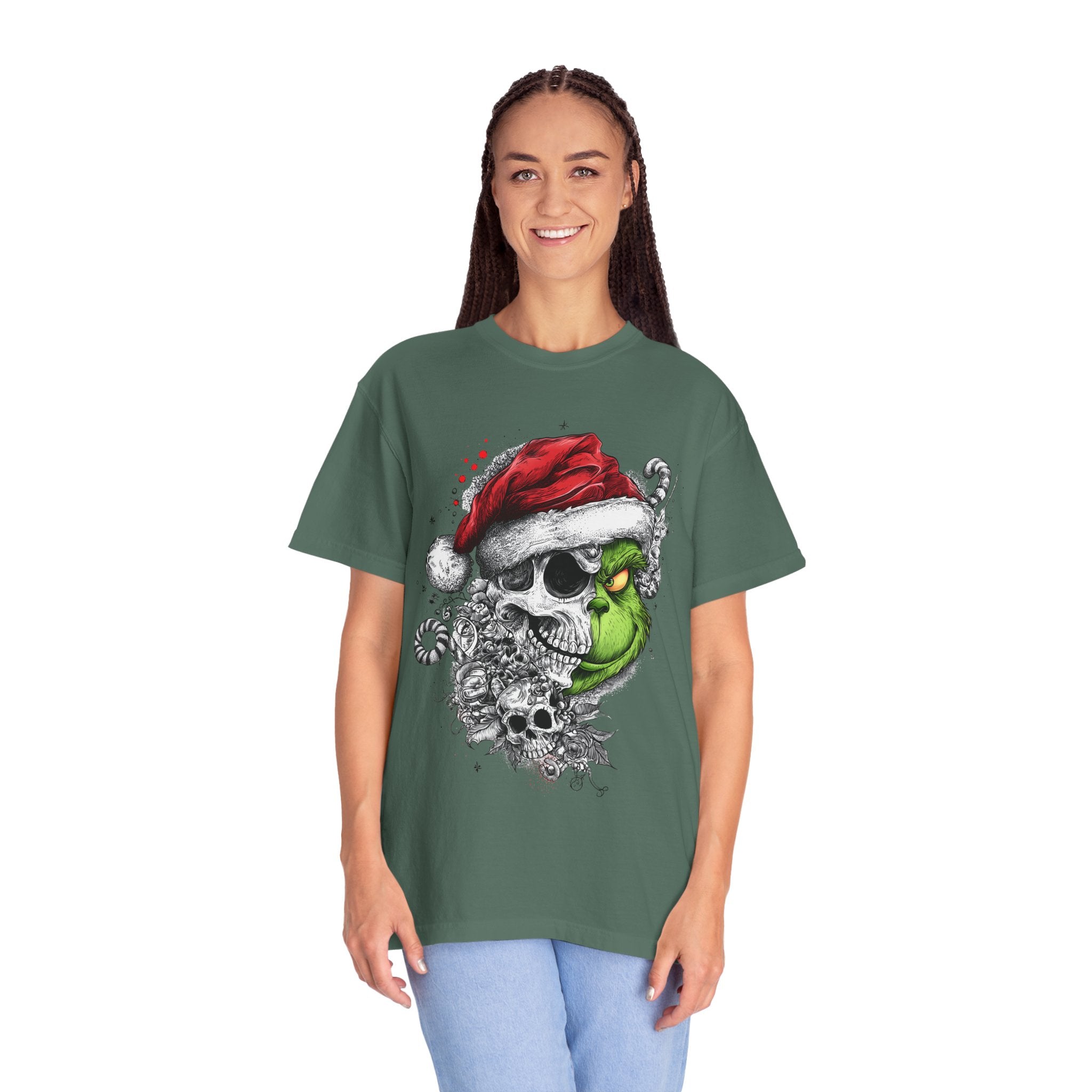 Skull & Grinch Inspired Santa T-Shirt — Edgy Gothic Christmas Graphic Tee
