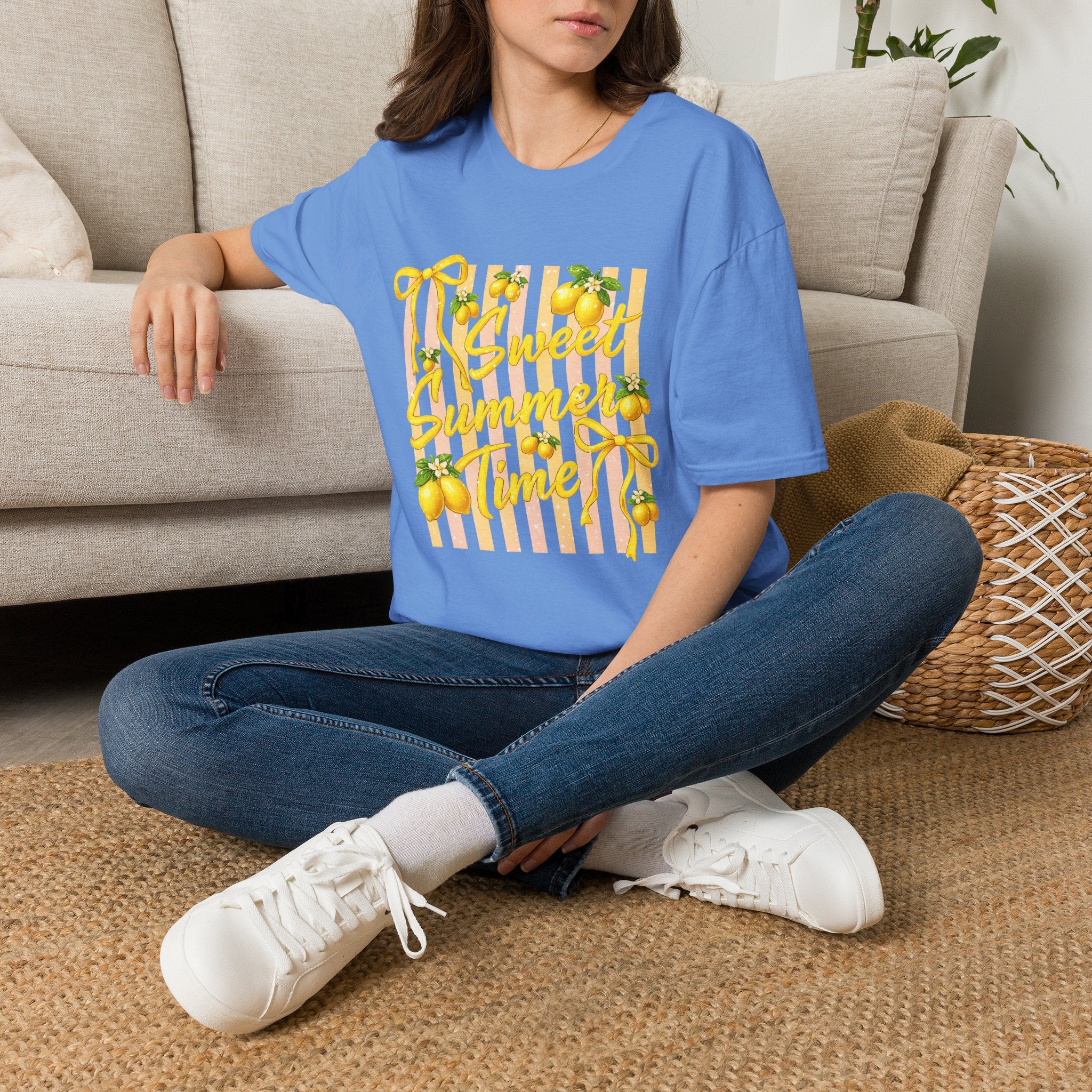 Sweet Summer Lemon Striped T-Shirt - Cute Bows Colorful Summer T-Shirt. Midnight Eye, LLC.