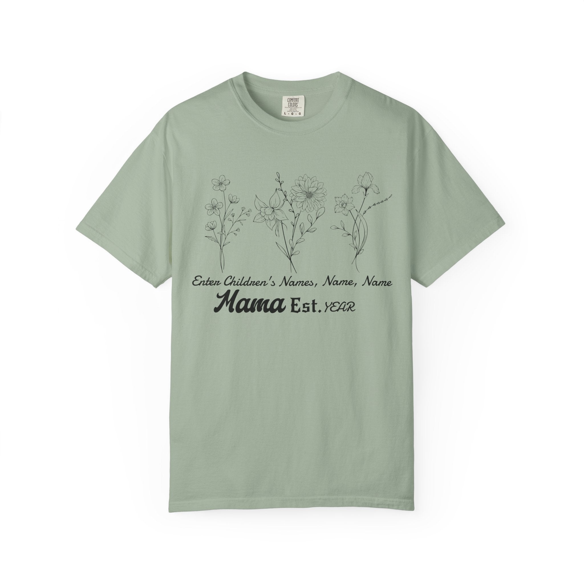 Mama Est. Personalized Floral T-Shirt — Child Name & Birth Year Tee