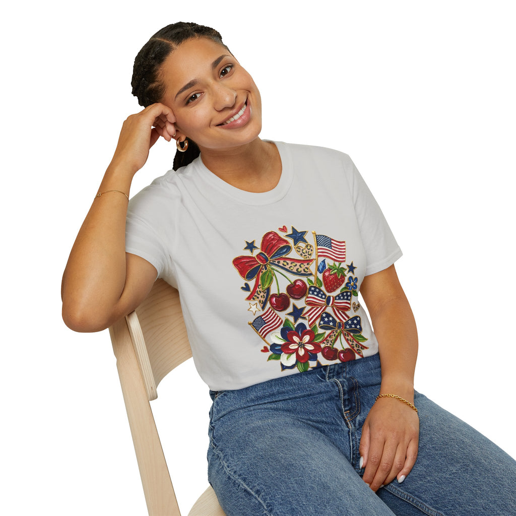 Patriotic Floral Americana T-Shirt - Faux Acrylic Paint Design - 4th of July T-Shirt - Midnight Eye, LLC