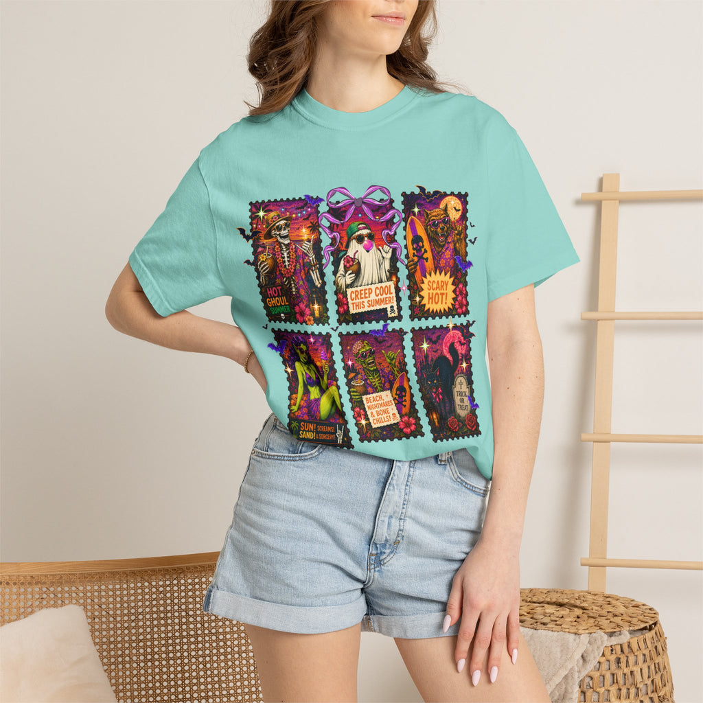 Halloween Witch Postage Stamp T-Shirt — Vintage Spooky Pin-Up Graphic Tee. Midnight Eye, LLC. 