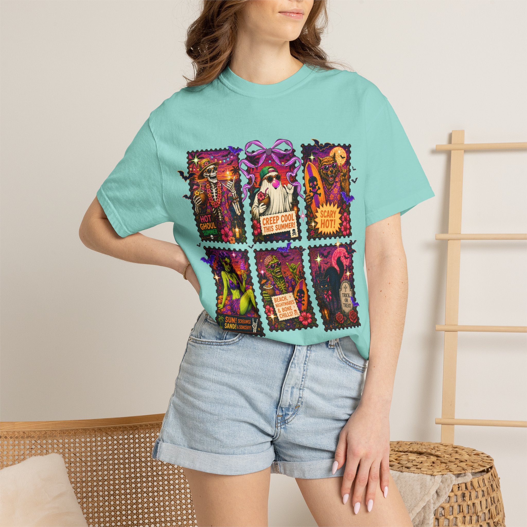 Halloween Witch Postage Stamp T-Shirt — Vintage Spooky Pin-Up Graphic Tee. Midnight Eye, LLC. 