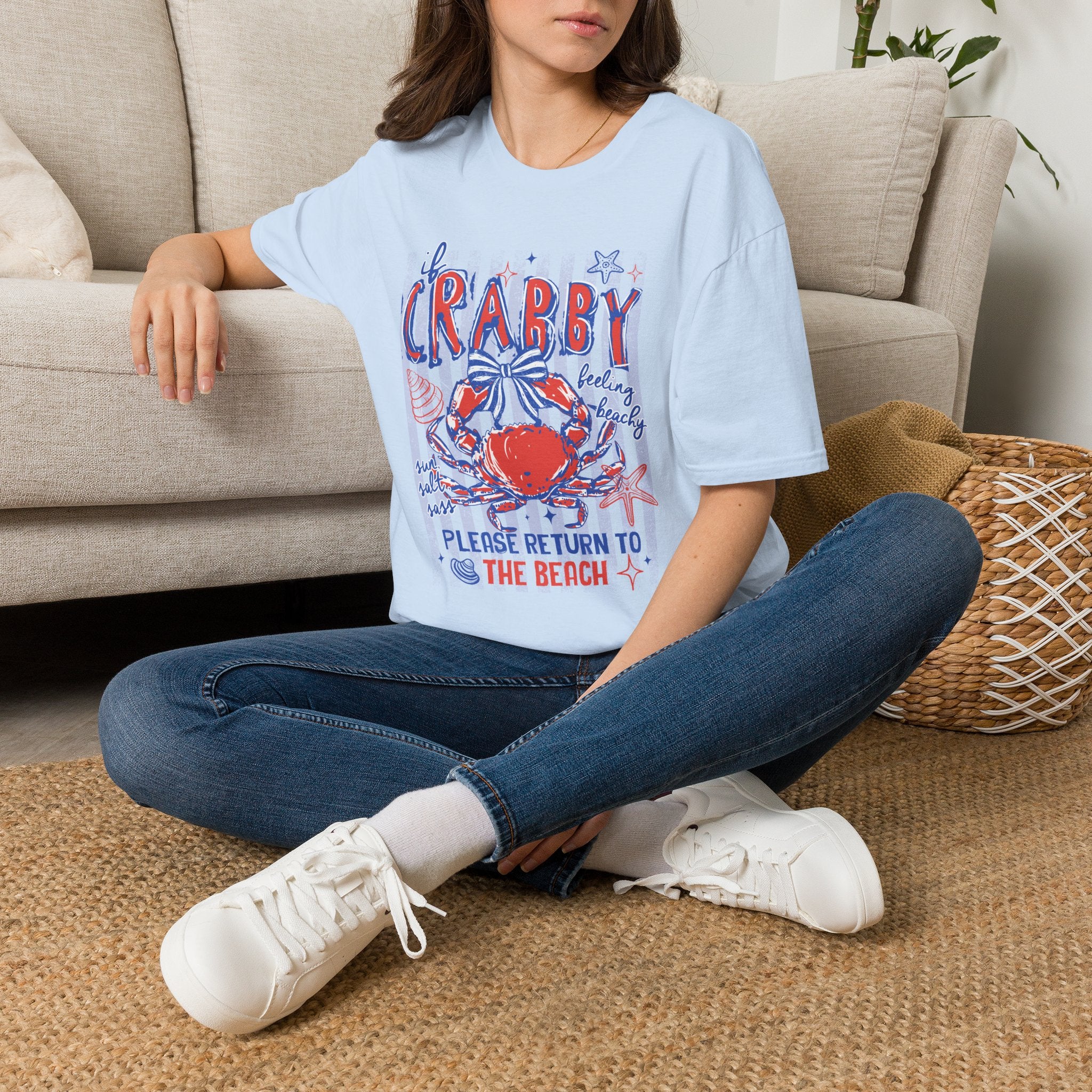 Crabby Beach T-Shirt — "If Crabby, Please Return to the Beach" Funny Summer Tee. Midnight Eye LLC.