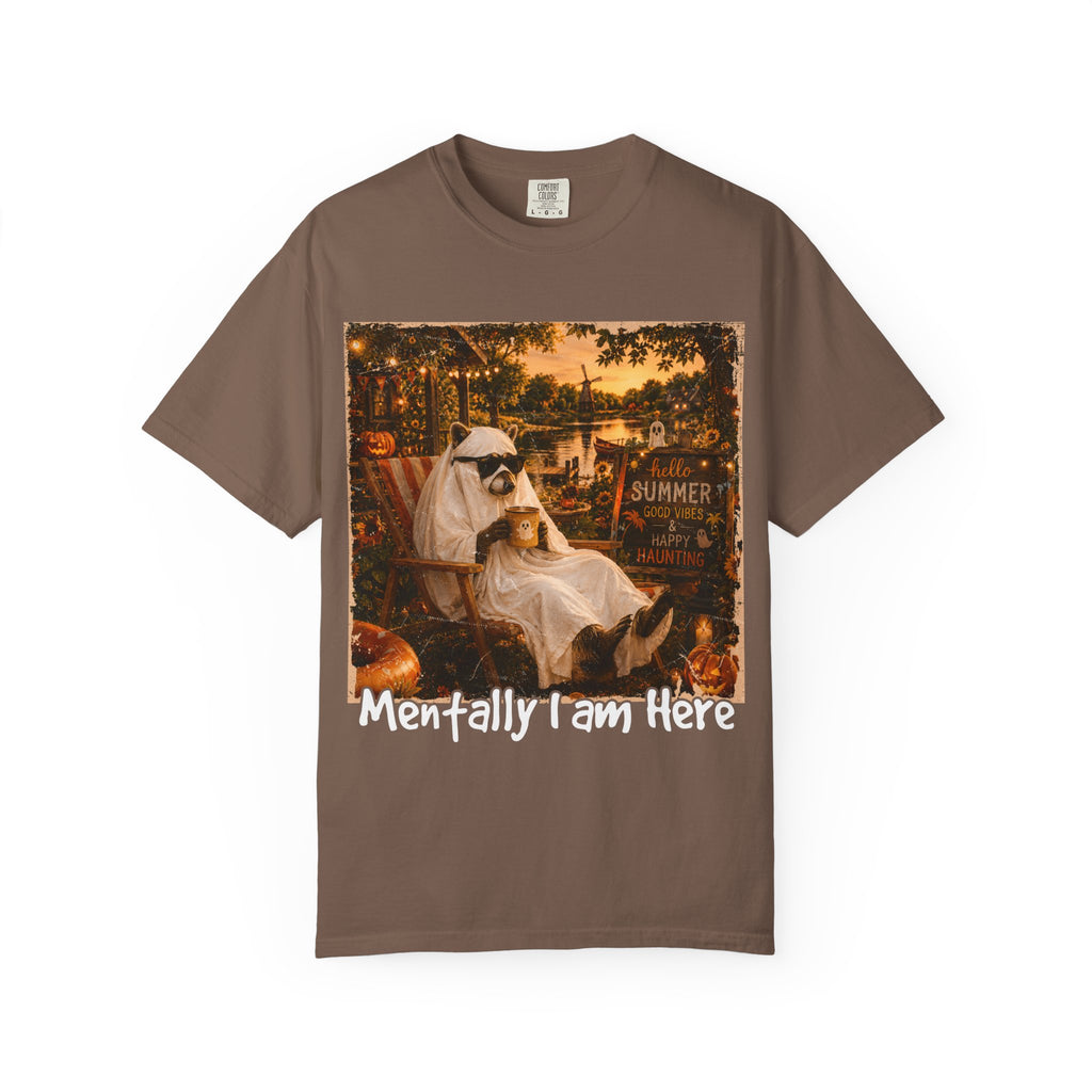 Mentally I Am Here Beach Racoon T-Shirt - Ghost Racoon Summerween Tee