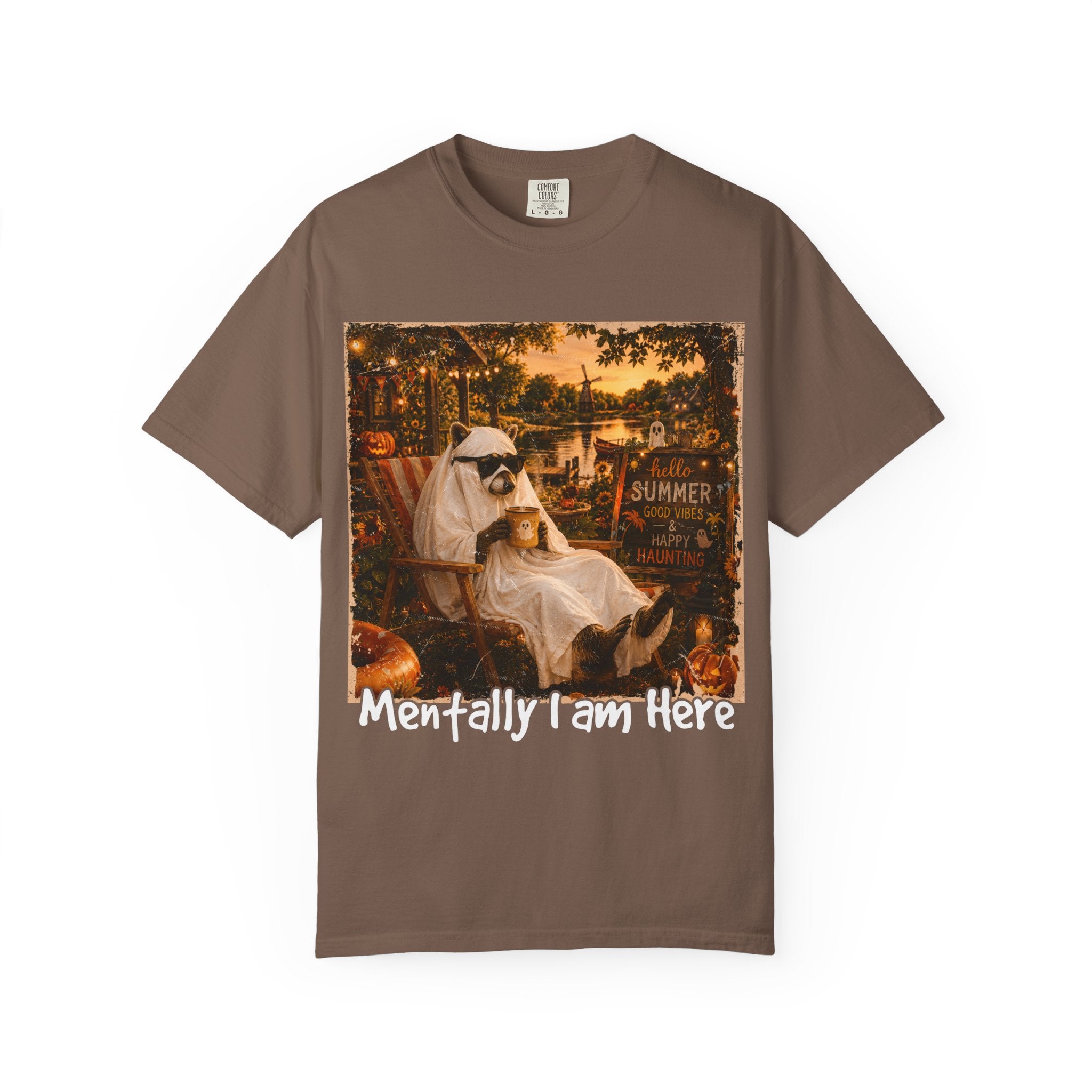 Mentally I Am Here Beach Racoon T-Shirt - Ghost Racoon Summerween Tee