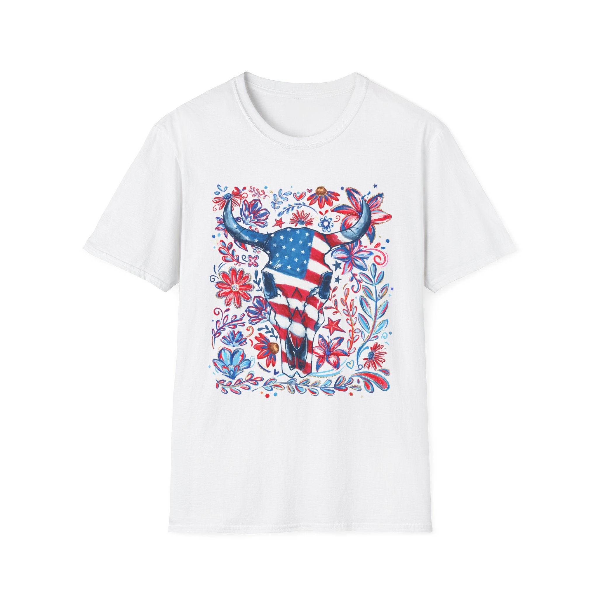 American Flag Longhorn T-Shirt — Patriotic Western Bull Tee for 4th of July - Midnight Eye, LLC