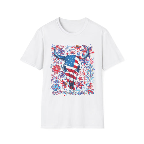 American Flag Longhorn T-Shirt — Patriotic Western Bull Tee for 4th of July - Midnight Eye, LLC