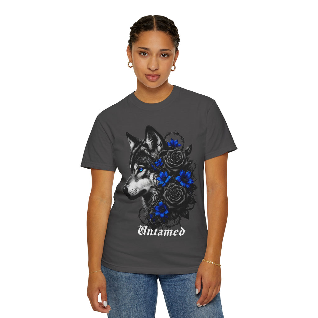 Wolf Floral T-Shirt — "Untamed" Graphic Tee with Blue & Black Roses