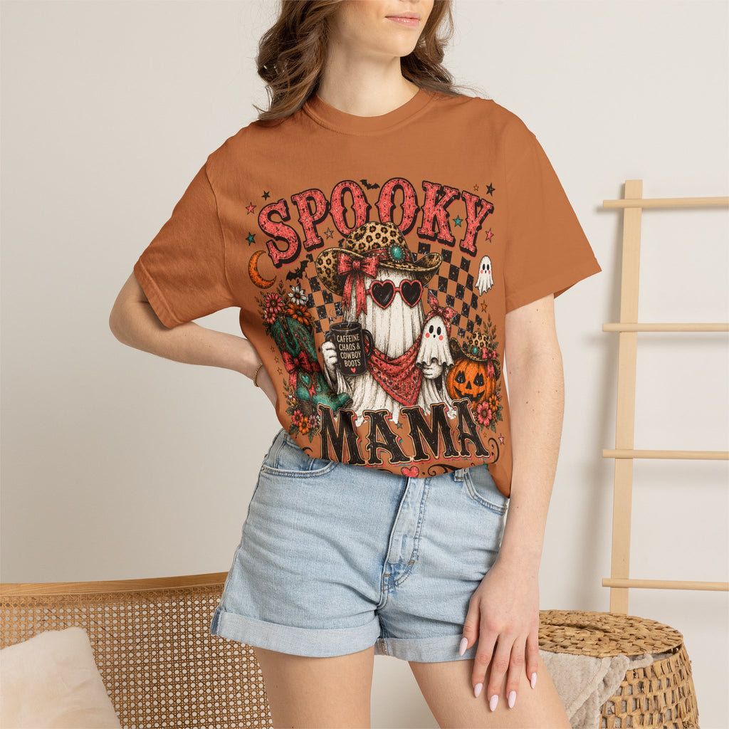 Spooky Mama T-Shirt — Vintage Halloween Ghosts & Pumpkin Graphic. Midnight Eye, LLC