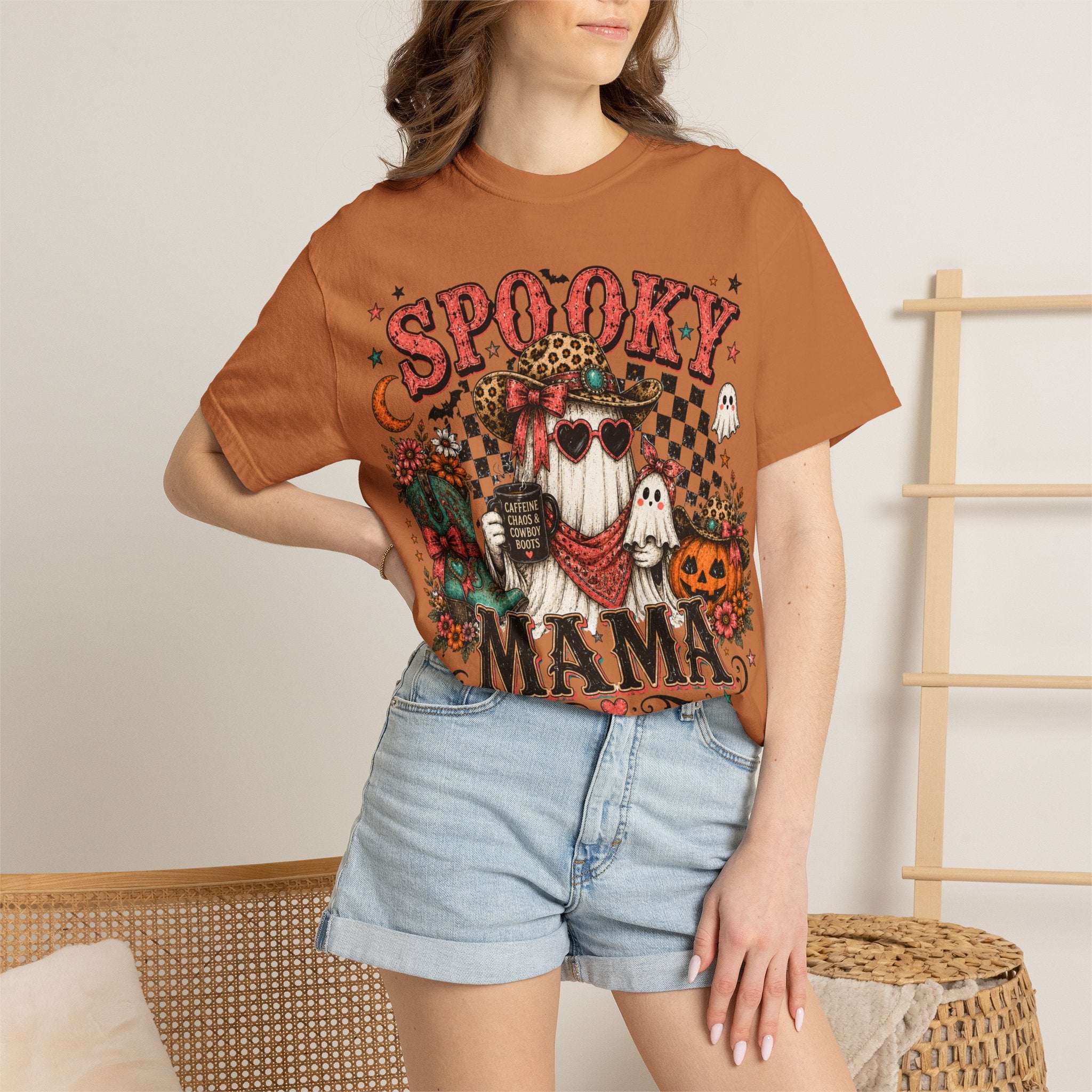 Spooky Mama T-Shirt — Vintage Halloween Ghosts & Pumpkin Graphic. Midnight Eye, LLC