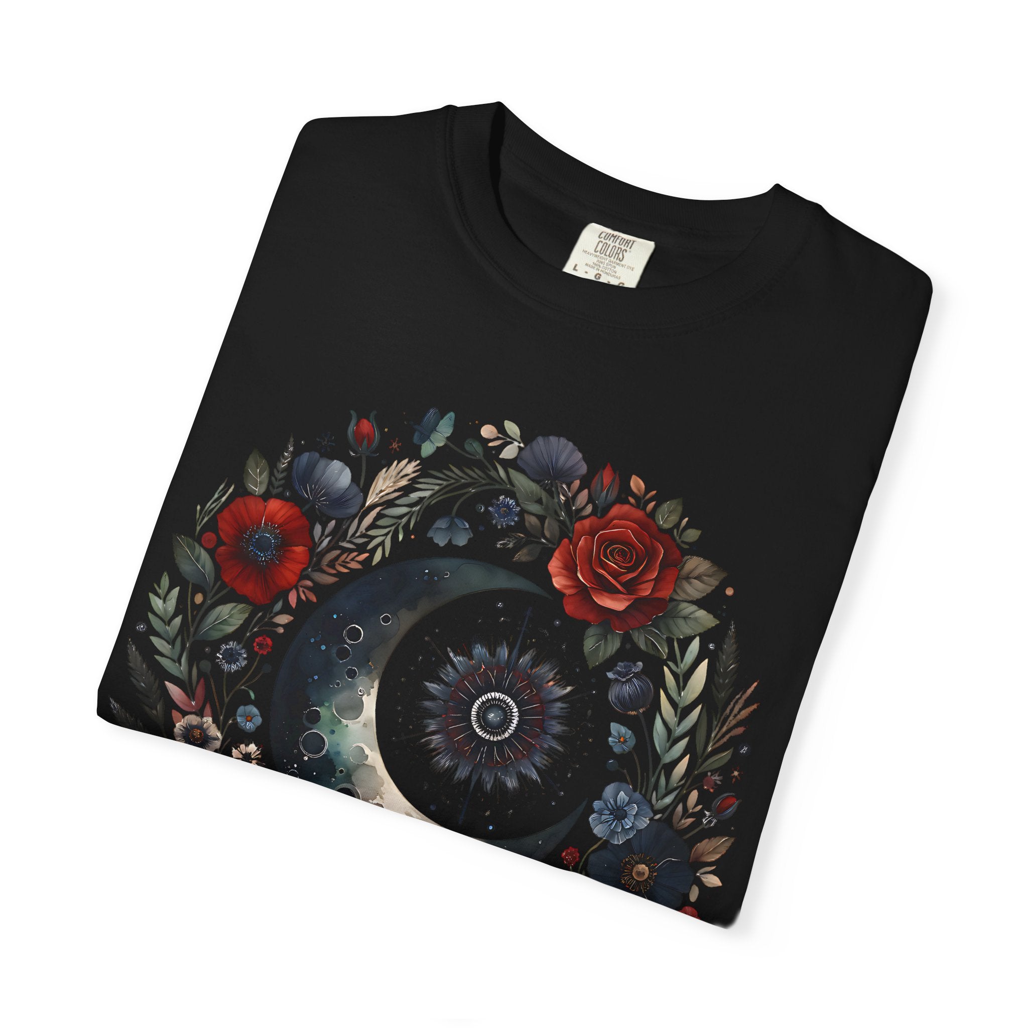 Mystical Moon T-Shirt — “Stay Mystical” Floral Crescent Tee - Dark Aesthetic T-Shirt, Mid Night Eye, LLC