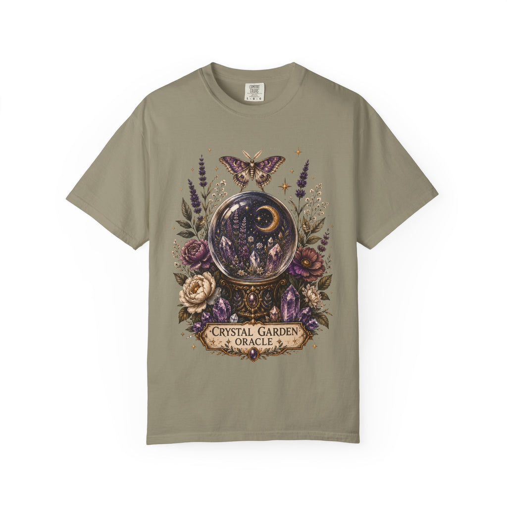 Crystal Garden Oracle T-Shirt — Mystical Moon & Crystal Ball Graphic Tee. Midnight Eye, LLC