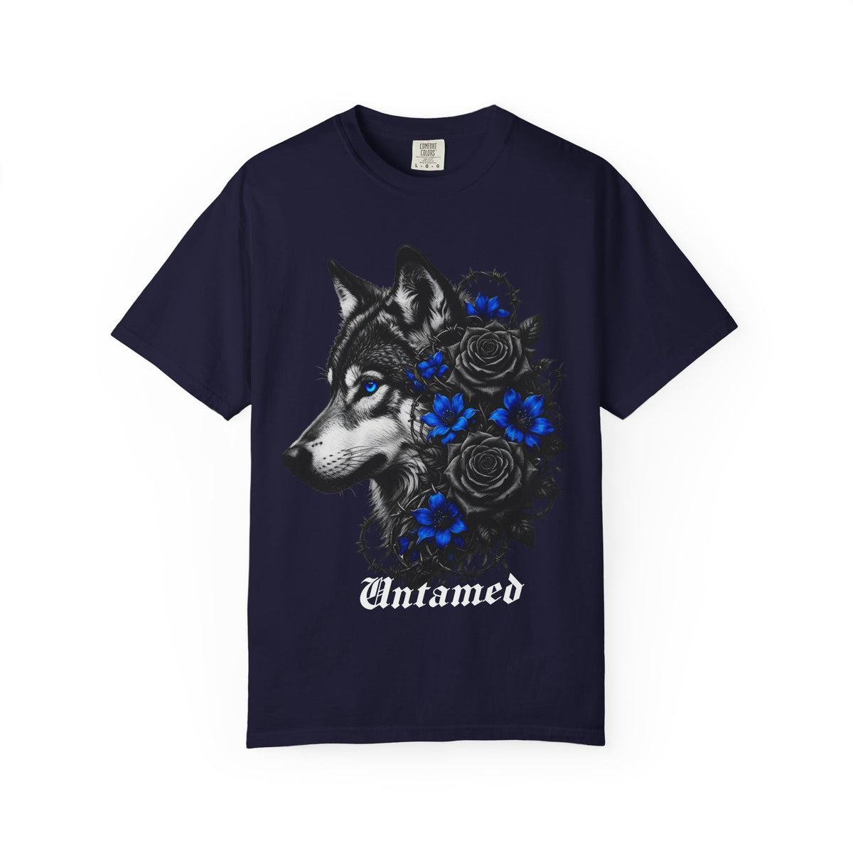 Wolf Floral T-Shirt — "Untamed" Graphic Tee with Blue & Black Roses