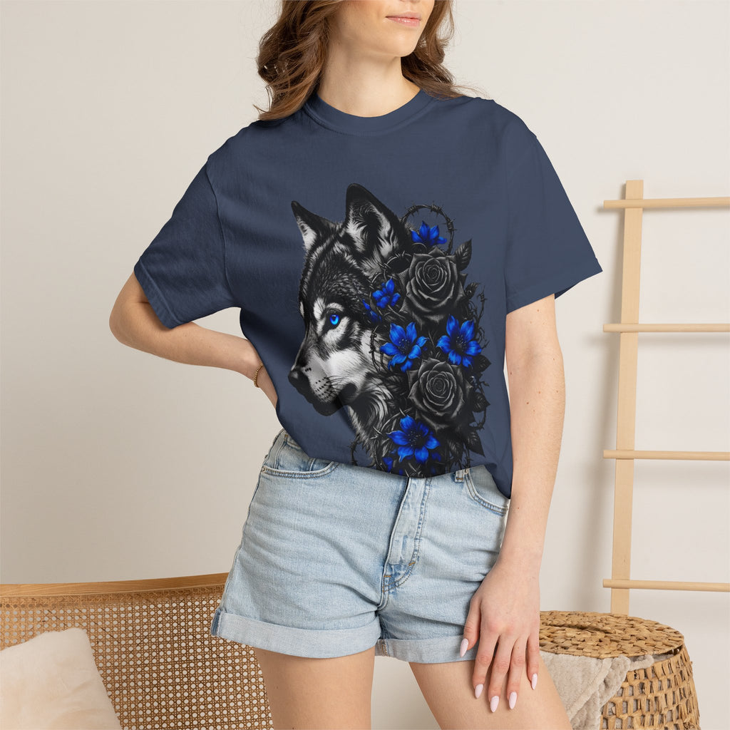 Wolf Floral T-Shirt — "Untamed" Graphic Tee with Blue & Black Roses