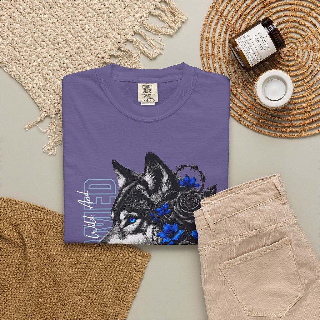 Wolf Floral T-Shirt — "Untamed" Graphic Tee with Blue & Black Roses. Midnight Eye, LLC.