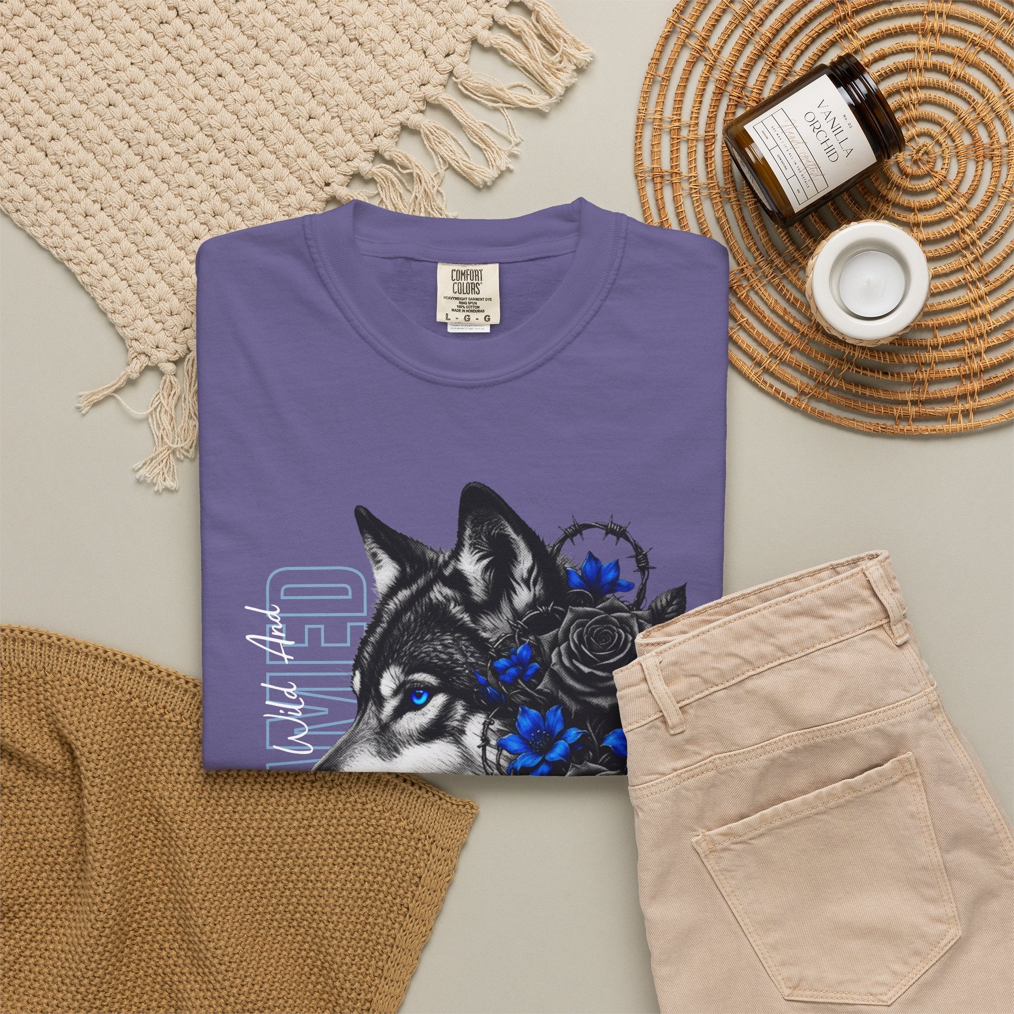Wolf Floral T-Shirt — "Untamed" Graphic Tee with Blue & Black Roses. Midnight Eye, LLC.