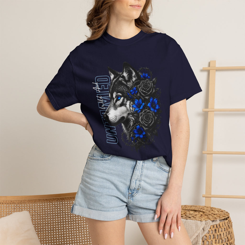 Wolf Floral T-Shirt — "Untamed" Graphic Tee with Blue & Black Roses. Midnight Eye, LLC.