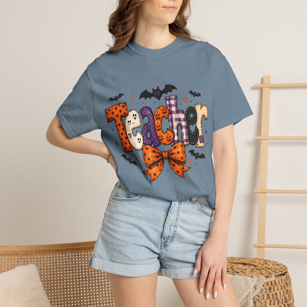Teacher Halloween T-Shirt — Cute Spooky 'Teacher' Design with Bats & Bow