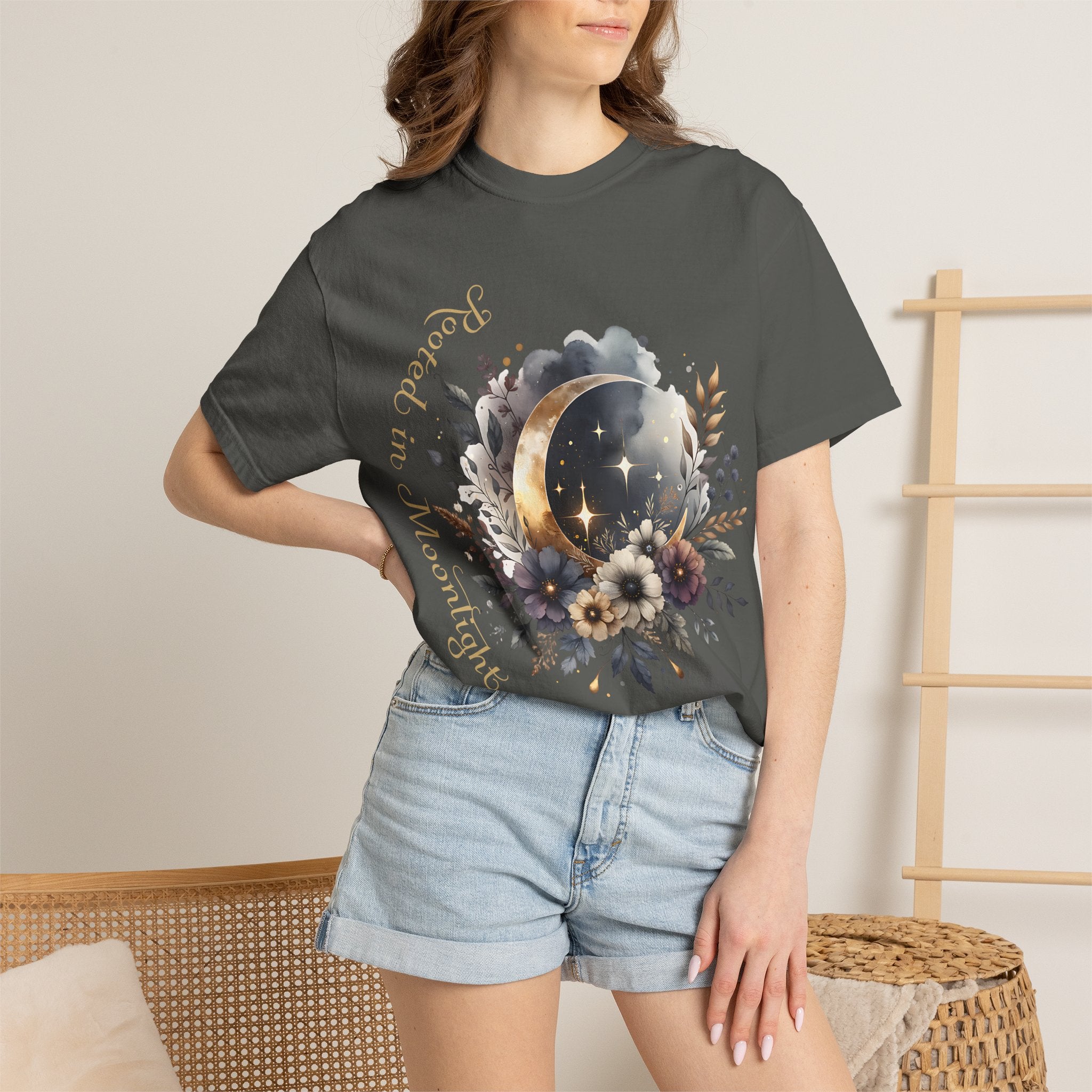 Moonlight Blooms T-Shirt — 'Rooted in Moonlight' Floral Crescent Moon Tee