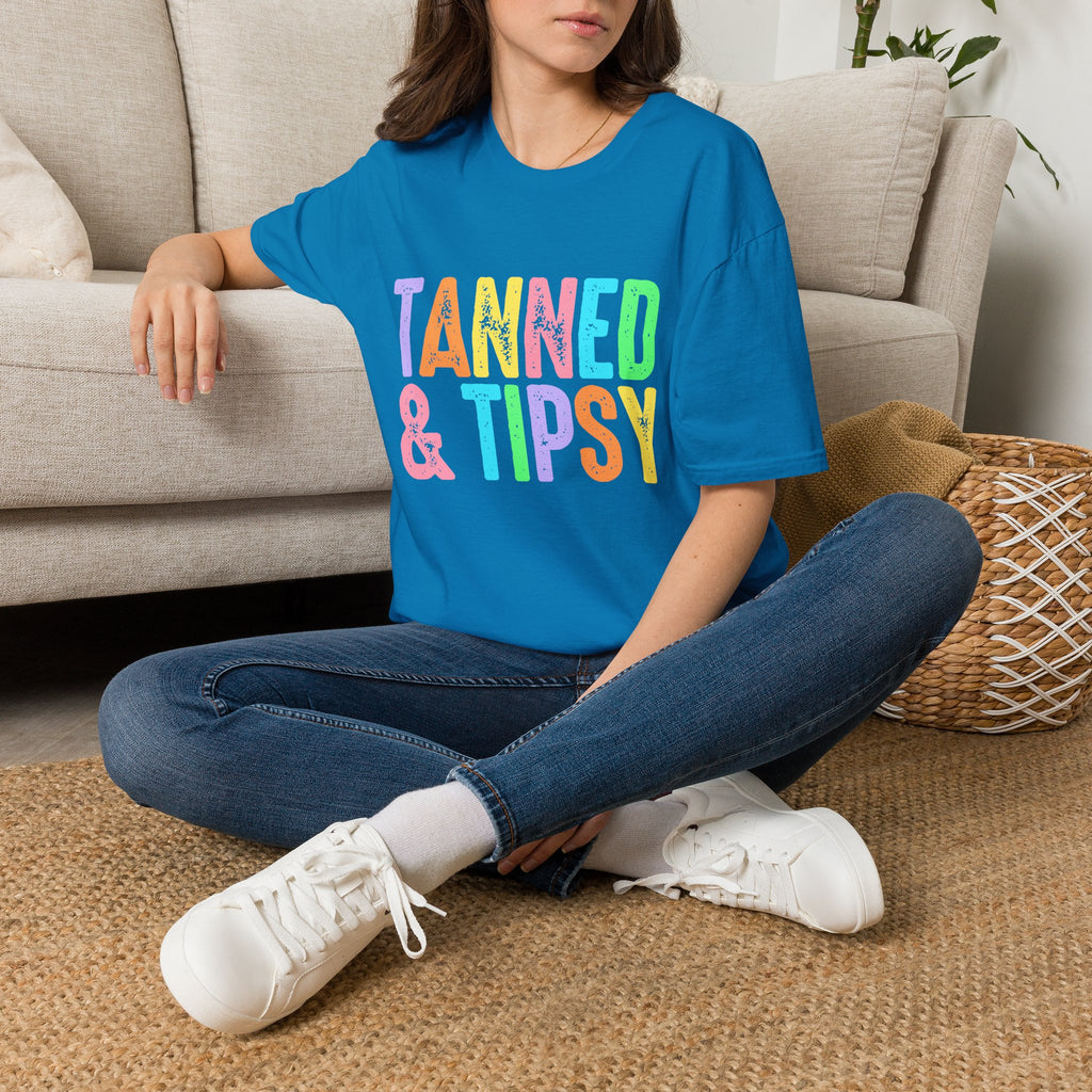 Tanned & Tipsy Beach Vacation T-Shirt - Colorful Vacation T-Shirt - Funny Summer Tee. Midnight Eye, LLC.