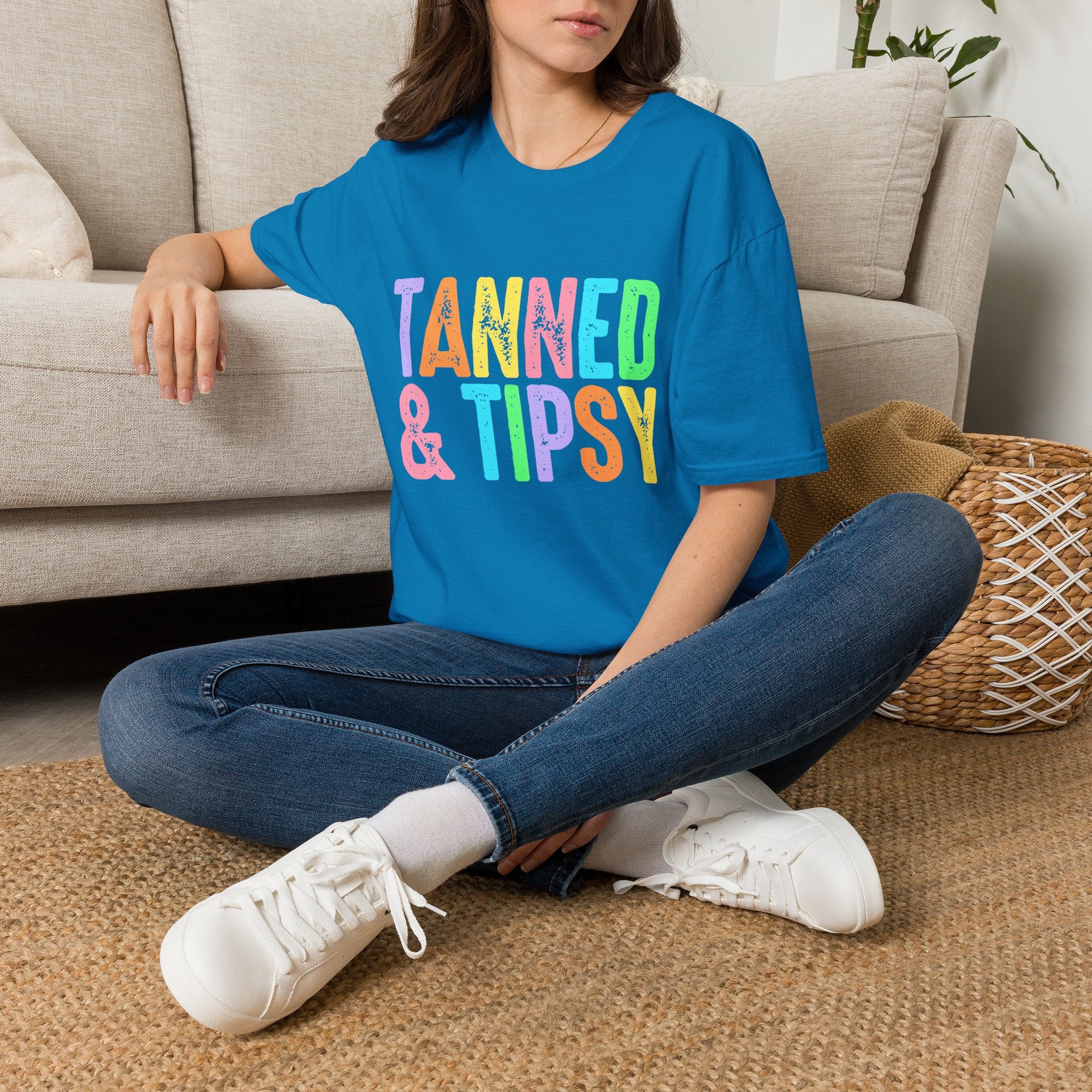 Tanned & Tipsy Beach Vacation T-Shirt - Colorful Vacation T-Shirt - Funny Summer Tee. Midnight Eye, LLC.