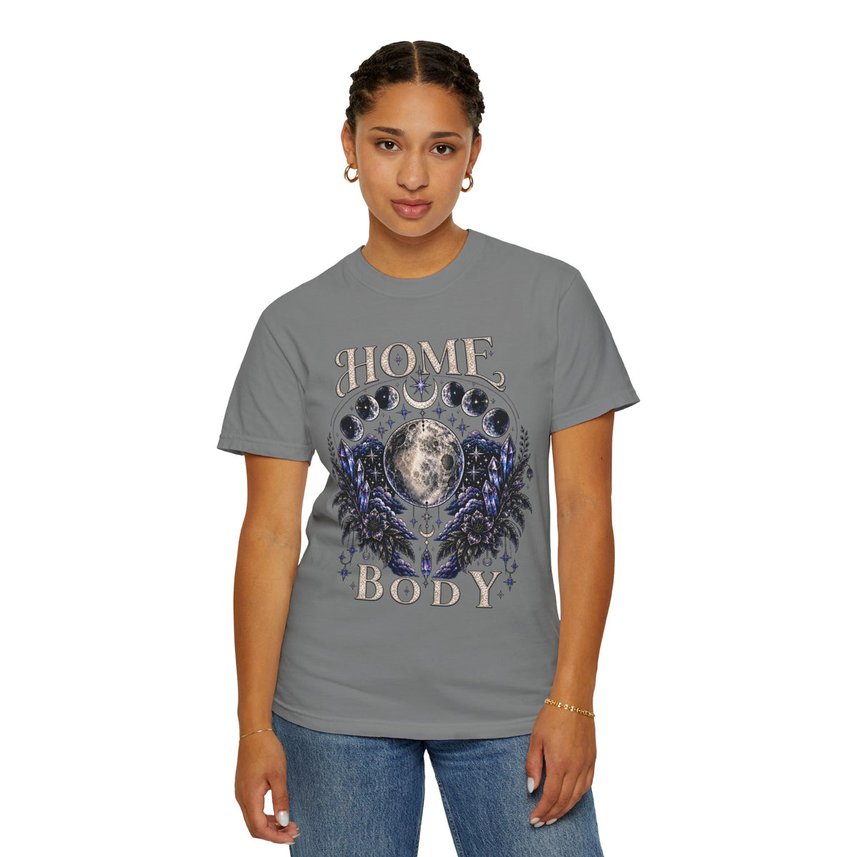 Moon Phases T-Shirt — “Home Body” Lunar Graphic Tee. Midnight Eye, LLC