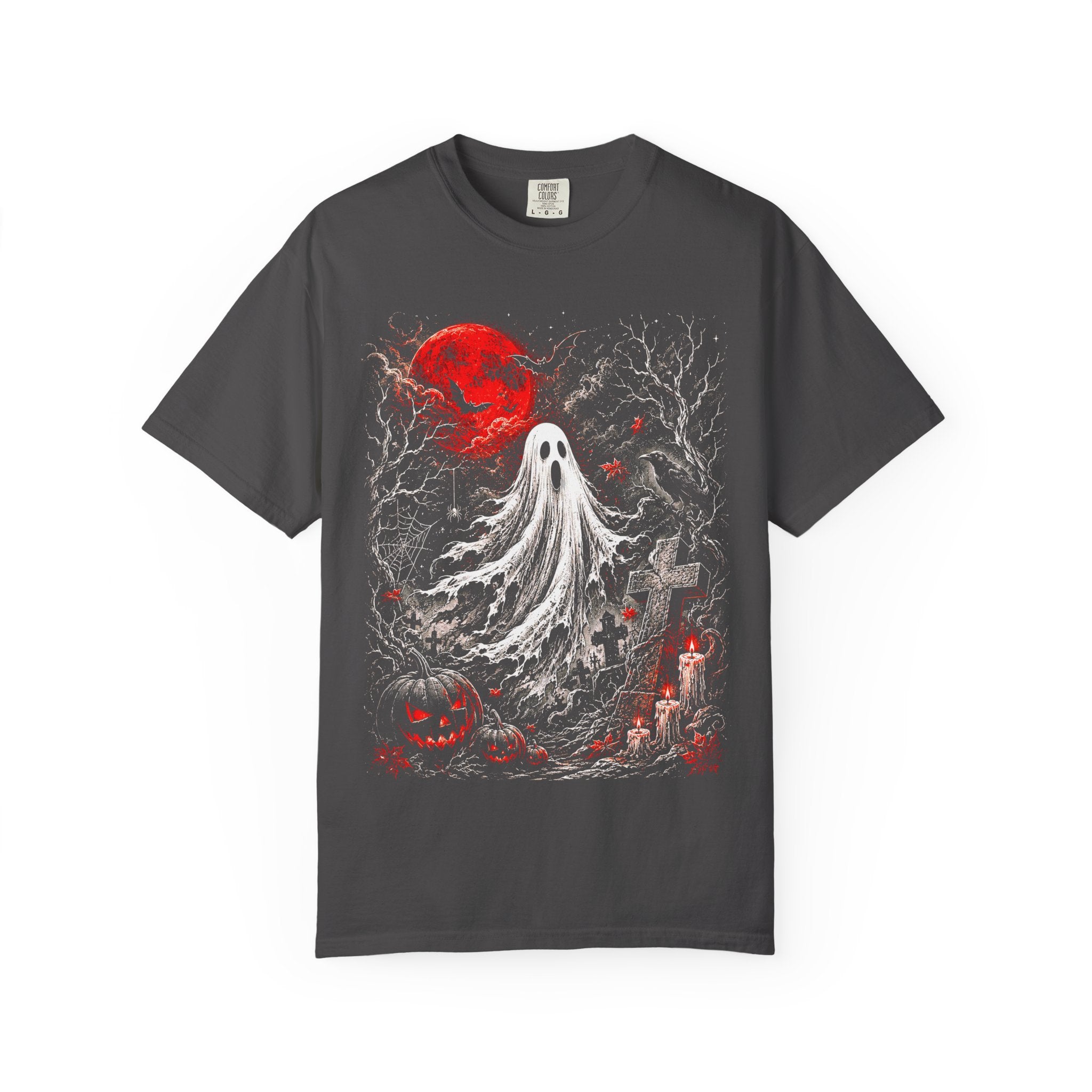 Halloween Ghost T-Shirt — Spooky Graveyard Design with Red Moon. Midnight Eye, LLC.