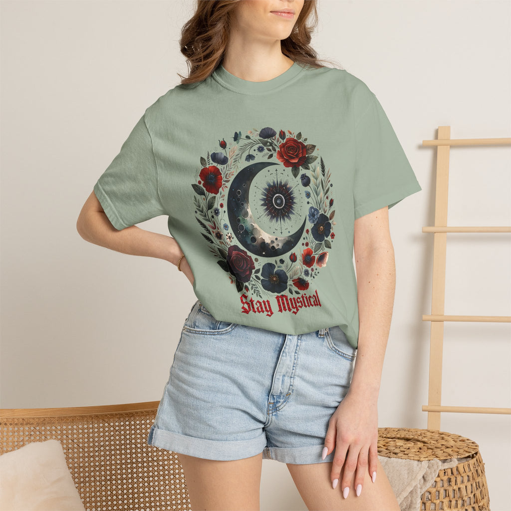 Mystical Moon T-Shirt — “Stay Mystical” Floral Crescent Tee - Dark Aesthetic T-Shirt. Midnight Eye, LLC.