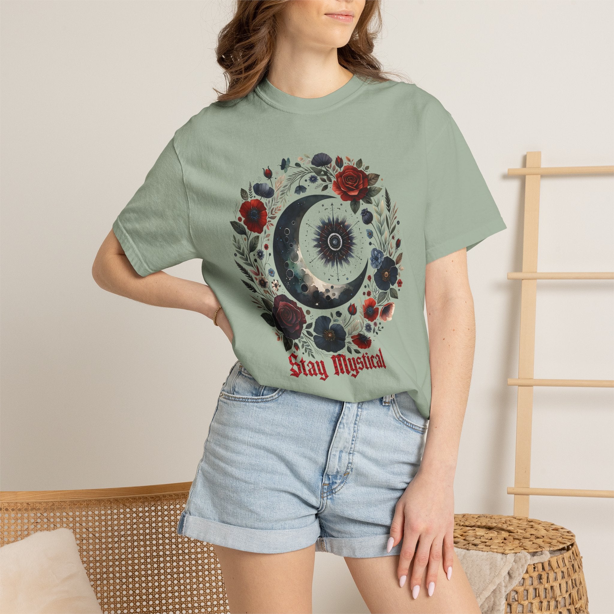 Mystical Moon T-Shirt — “Stay Mystical” Floral Crescent Tee - Dark Aesthetic T-Shirt. Midnight Eye, LLC.