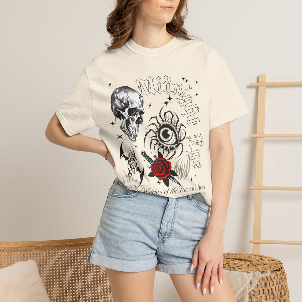 Skull, Red Rose & Eye Tattoo Art T-Shirt — Gothic Streetwear Tee. Midnight Eye, LLC