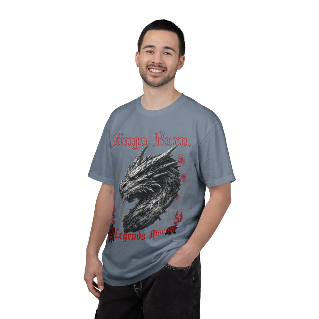 Dragon Head T-Shirt — "Kings Burn. Legends Rise." Red Rose Tattoo Graphic T-Shirt. Midnight Eye, LLC.