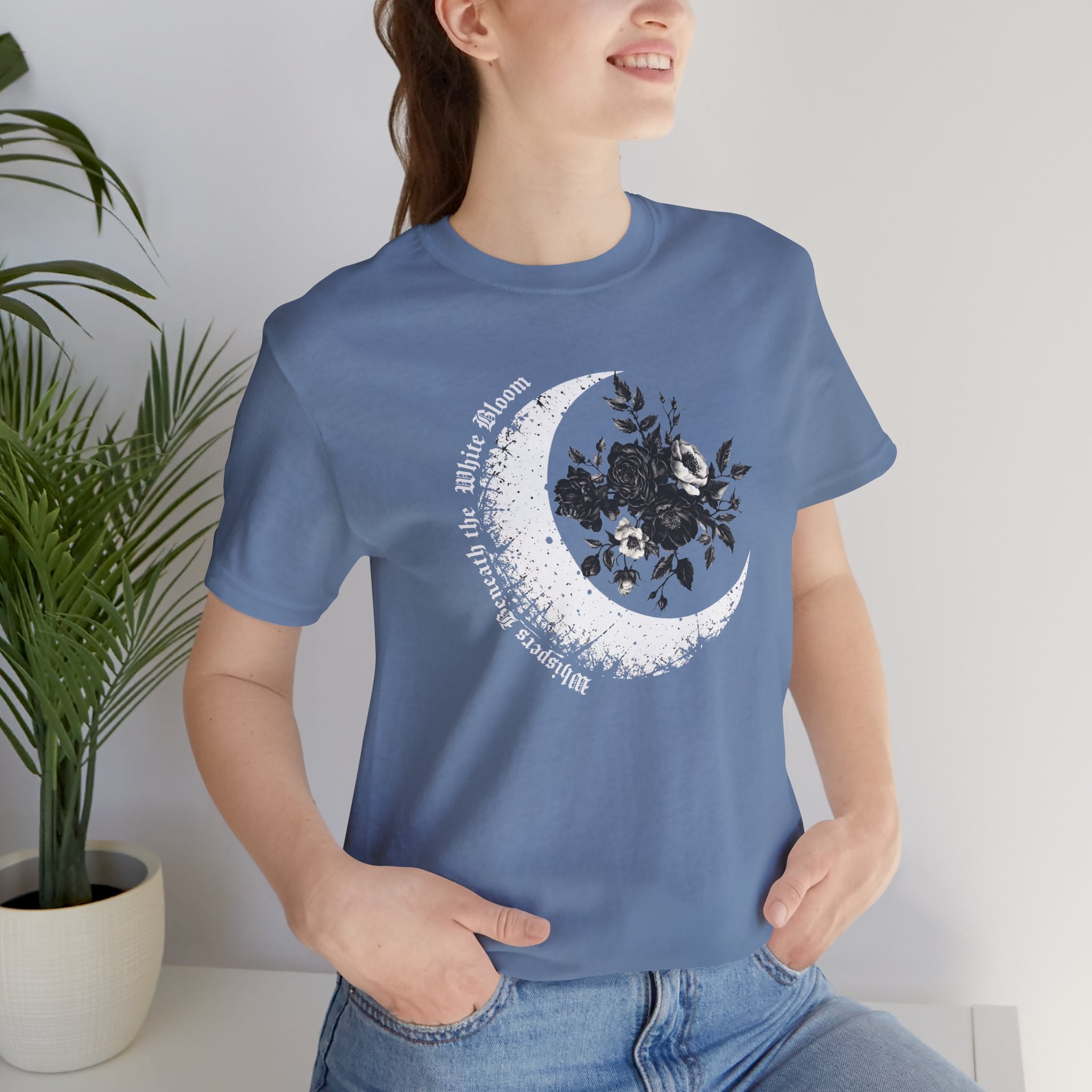 Moonflower Moon Tee — Floral Crescent Moon Graphic T-Shirt - Gothic Moon & Flowers Tee. Midnight Eye, LLC