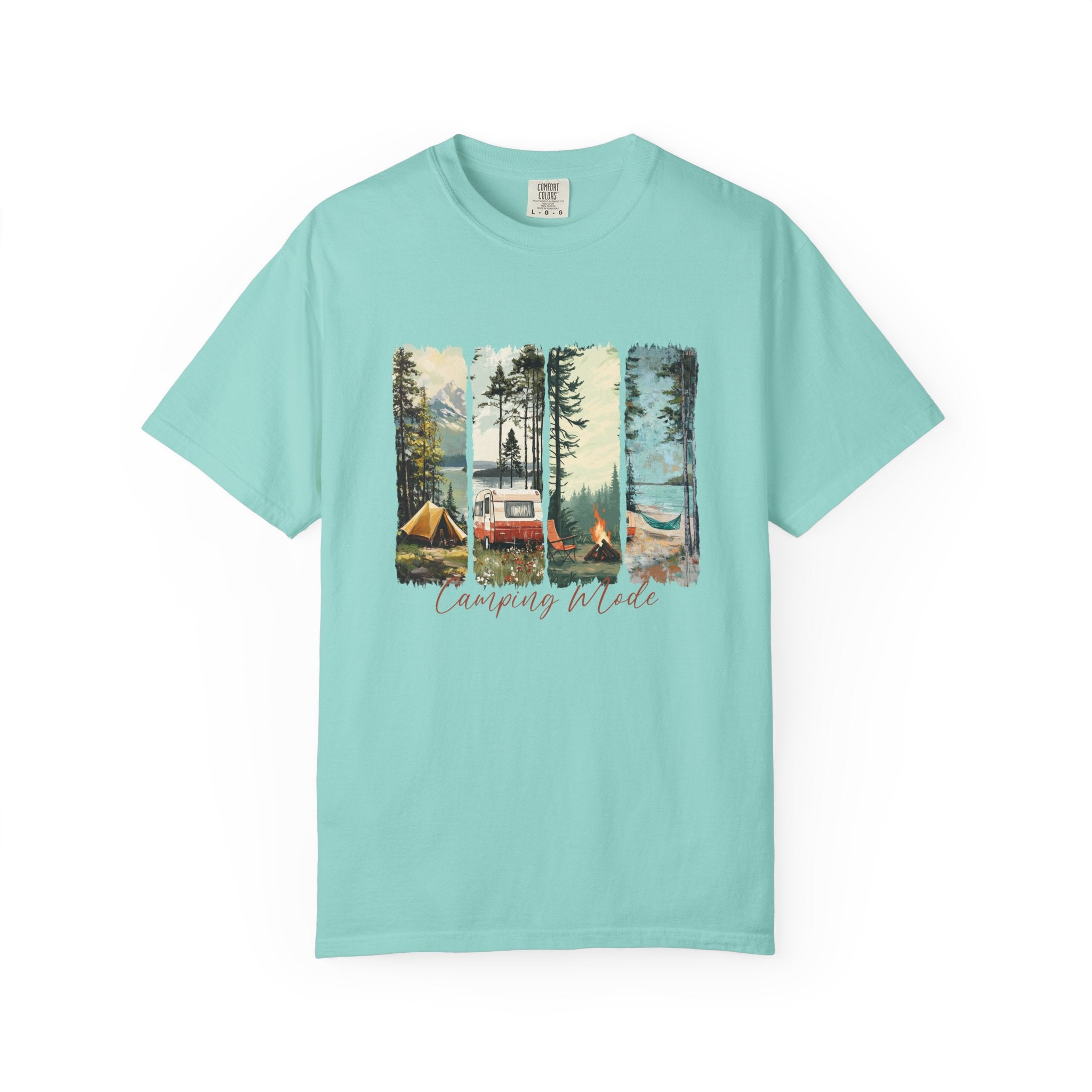 Camping Vibes T-Shirt — 'Camping Mode' Scenic Camper Retro Graphic Tee - Family Adventure Tee - Outdoor Tee - Midnight Eye, LLC
