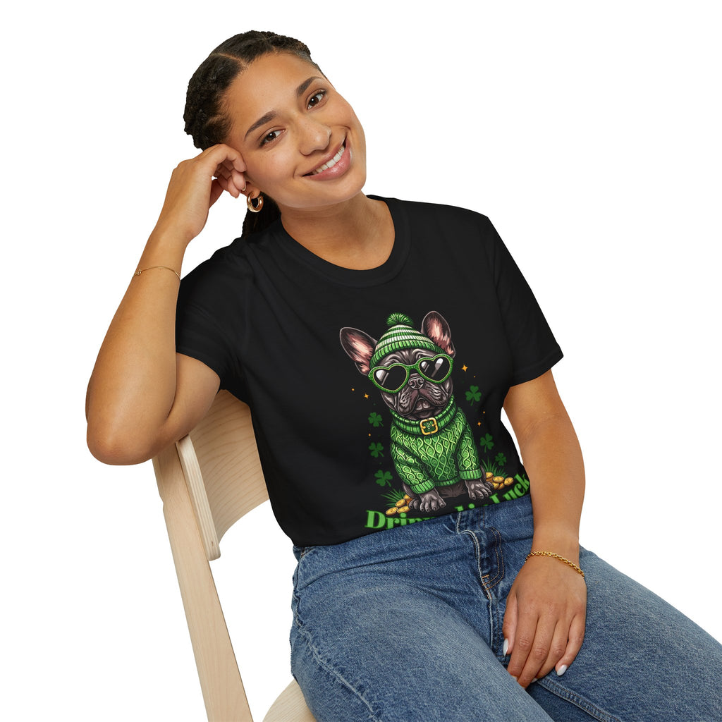 Woman wearing a black t-shirt with text, sitting on a chair against a white background