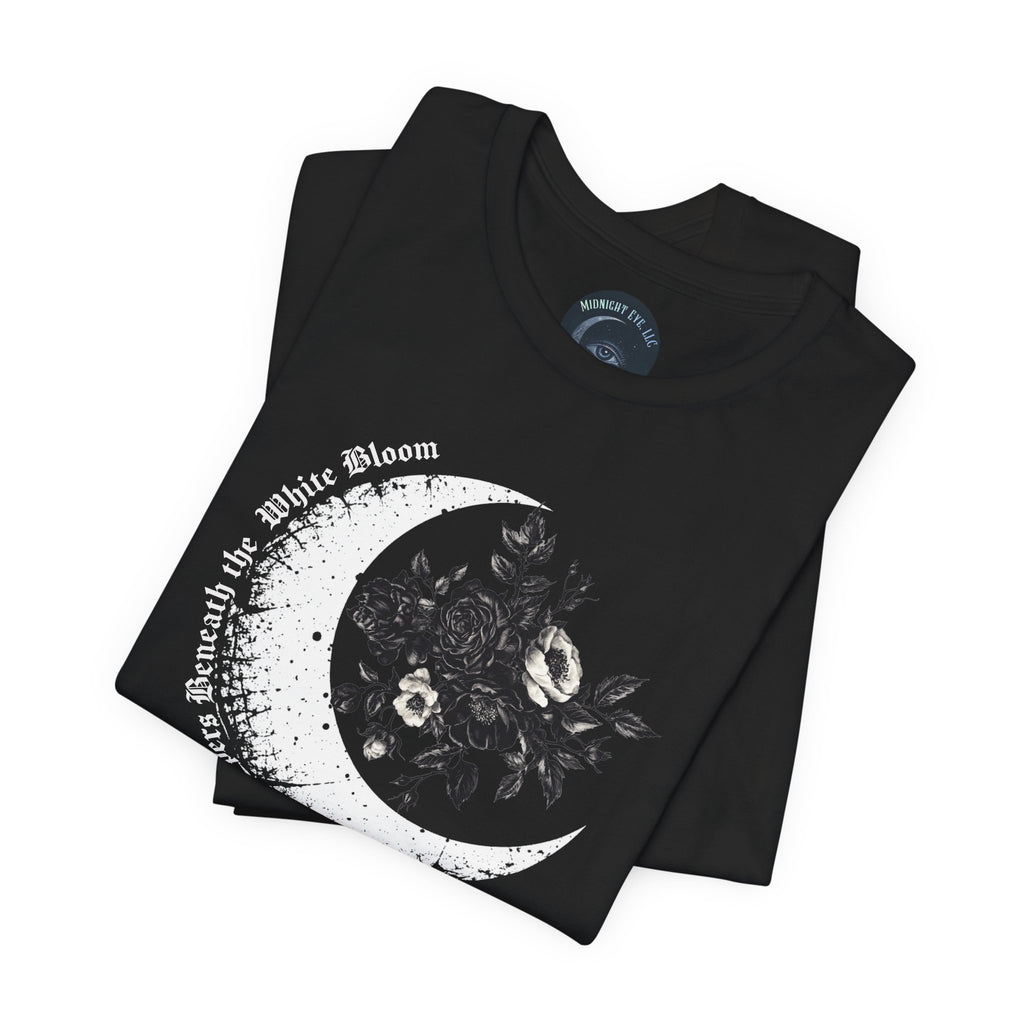 Moonflower Moon Tee — Floral Crescent Moon Graphic T-Shirt - Gothic Moon & Flowers Tee - Midnight Eye, LLC