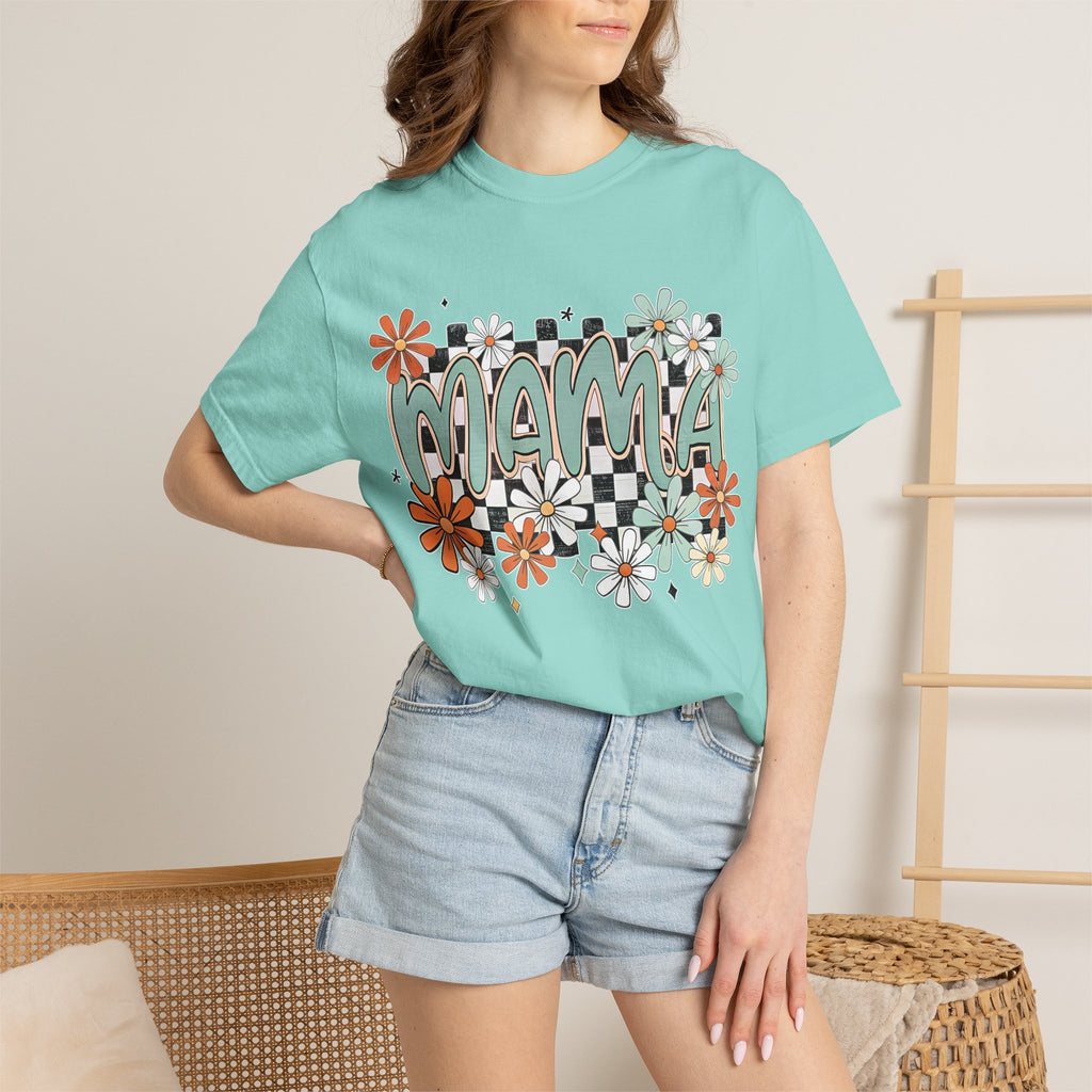 Mama Floral Graphic T-Shirt — Retro Checkerboard Mom Tee. Midnight Eye, LLC