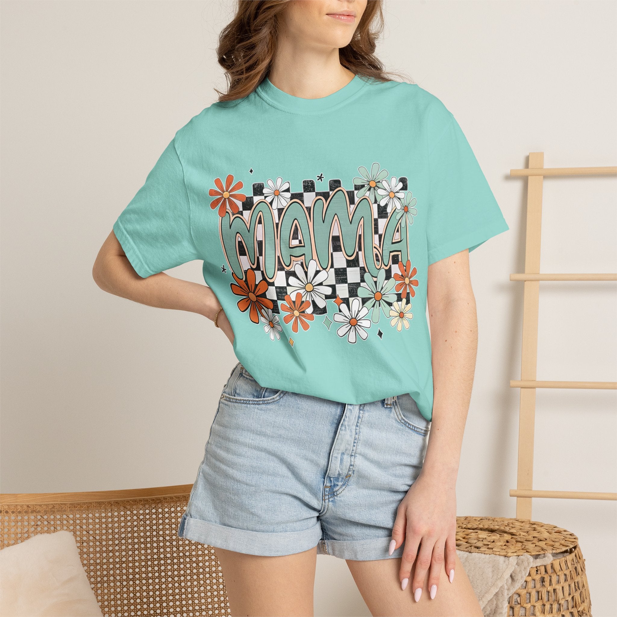 Mama Floral Graphic T-Shirt — Retro Checkerboard Mom Tee. Midnight Eye, LLC
