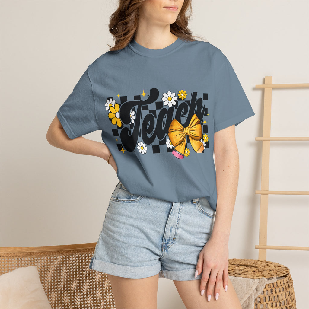 Teacher Floral Bow T-Shirt — 'Teach' Checkerboard Design