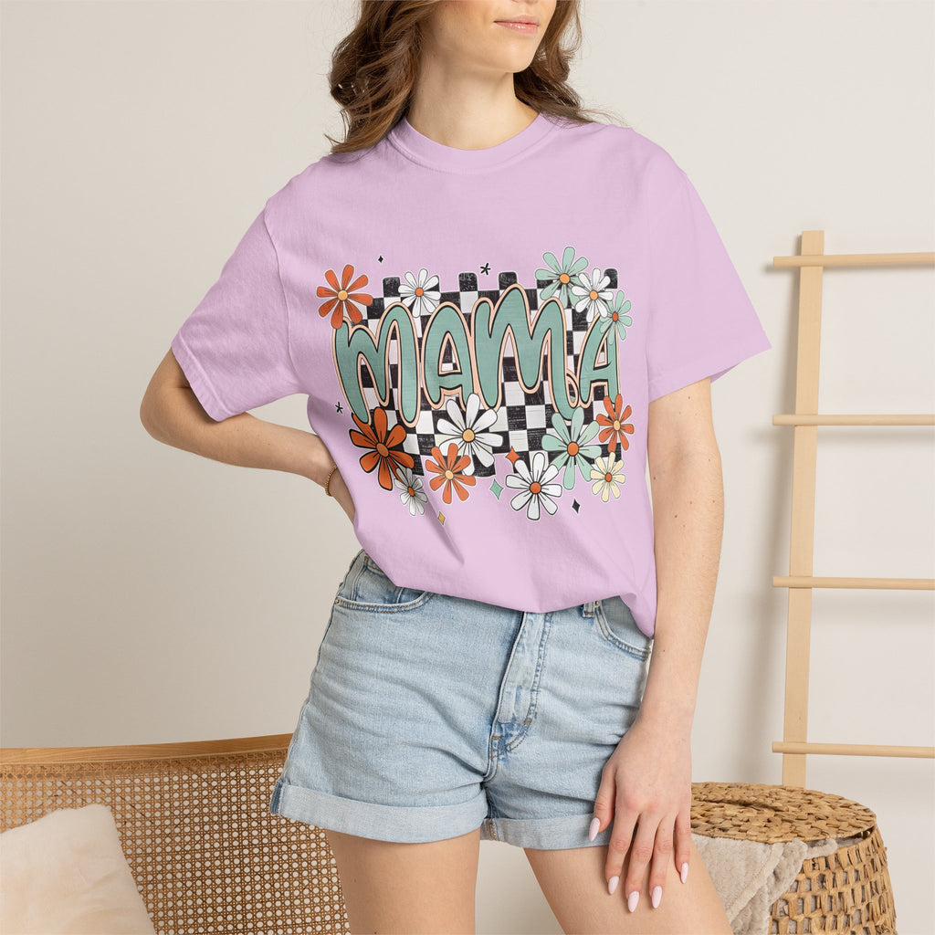 Mama Floral Graphic T-Shirt — Retro Checkerboard Mom Tee. Midnight Eye, LLC