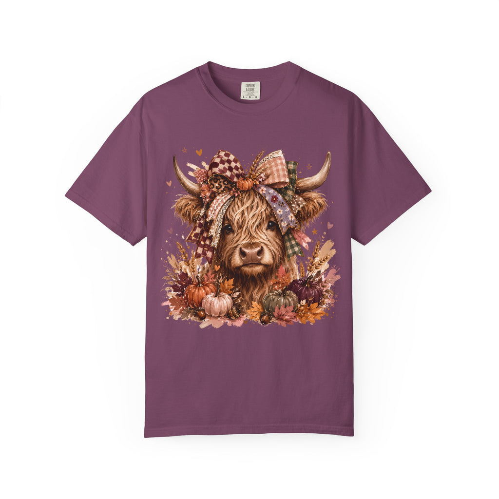 Autumn Highland Cow T-Shirt — Cute Fall Cow and Pumpkins Graphic Tee. Midnight Eye, LLC