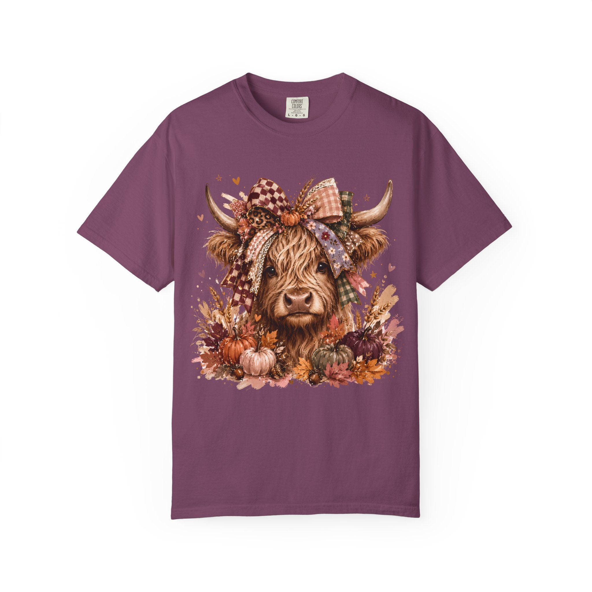 Autumn Highland Cow T-Shirt — Cute Fall Cow and Pumpkins Graphic Tee. Midnight Eye, LLC