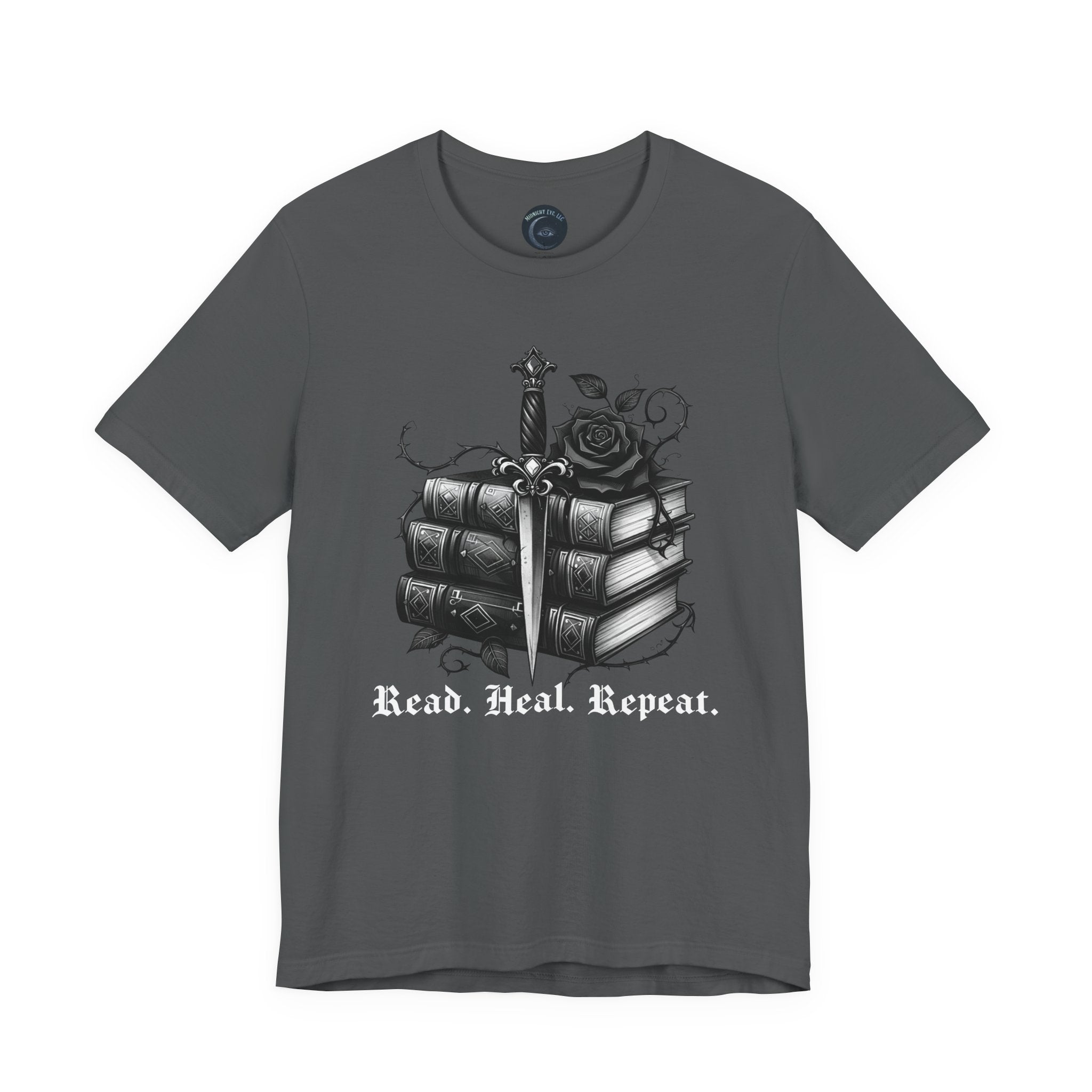 Read. Heal. Repeat. Gothic Book, Rose & Dagger T-Shirt. Books Tee. Midnight Eye, LLC.