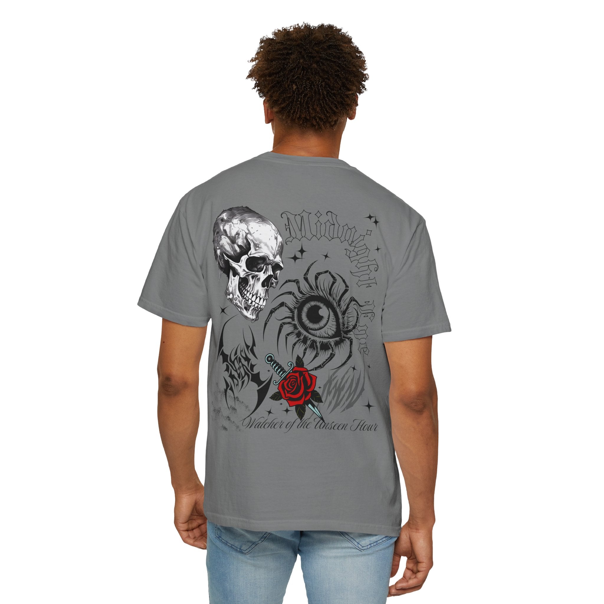 Graphic Skull & Red Rose Gothic T‑Shirt - Edgy Streetwear T-Shirt - Vintage Tee - Dark Aesthetic Tee - Midnight Eye, LLC