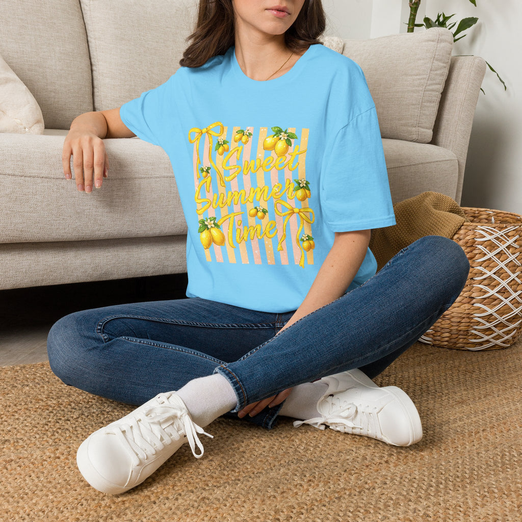 Sweet Summer Lemon Striped T-Shirt - Cute Bows Colorful Summer T-Shirt. Midnight Eye, LLC.