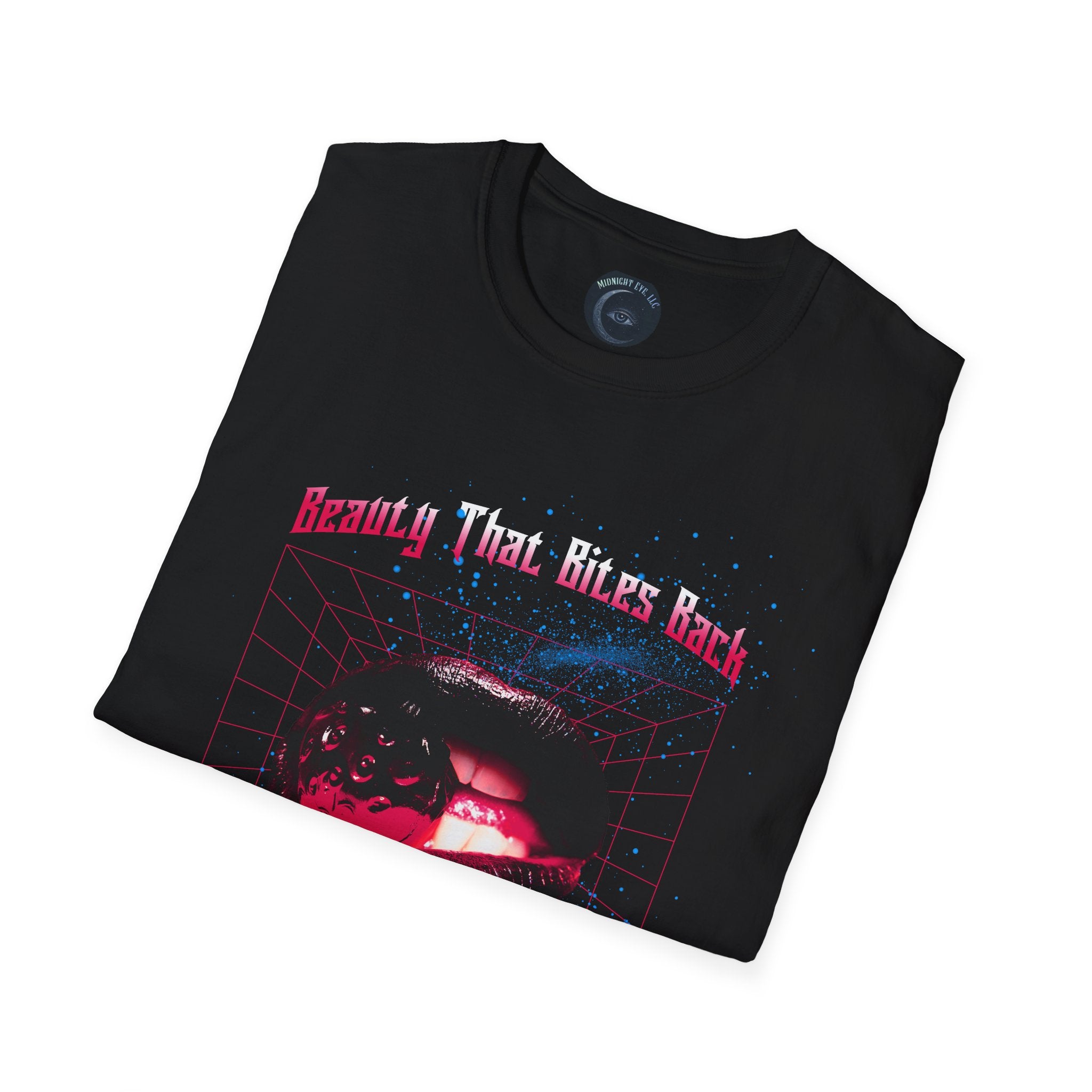 Retro Cyberpunk T-Shirt — "Beauty That Bites Back" Black Lips Tee - Goth Vintage T-Shirt - Dark Aesthetic Tee - Midnight Eye, LLC