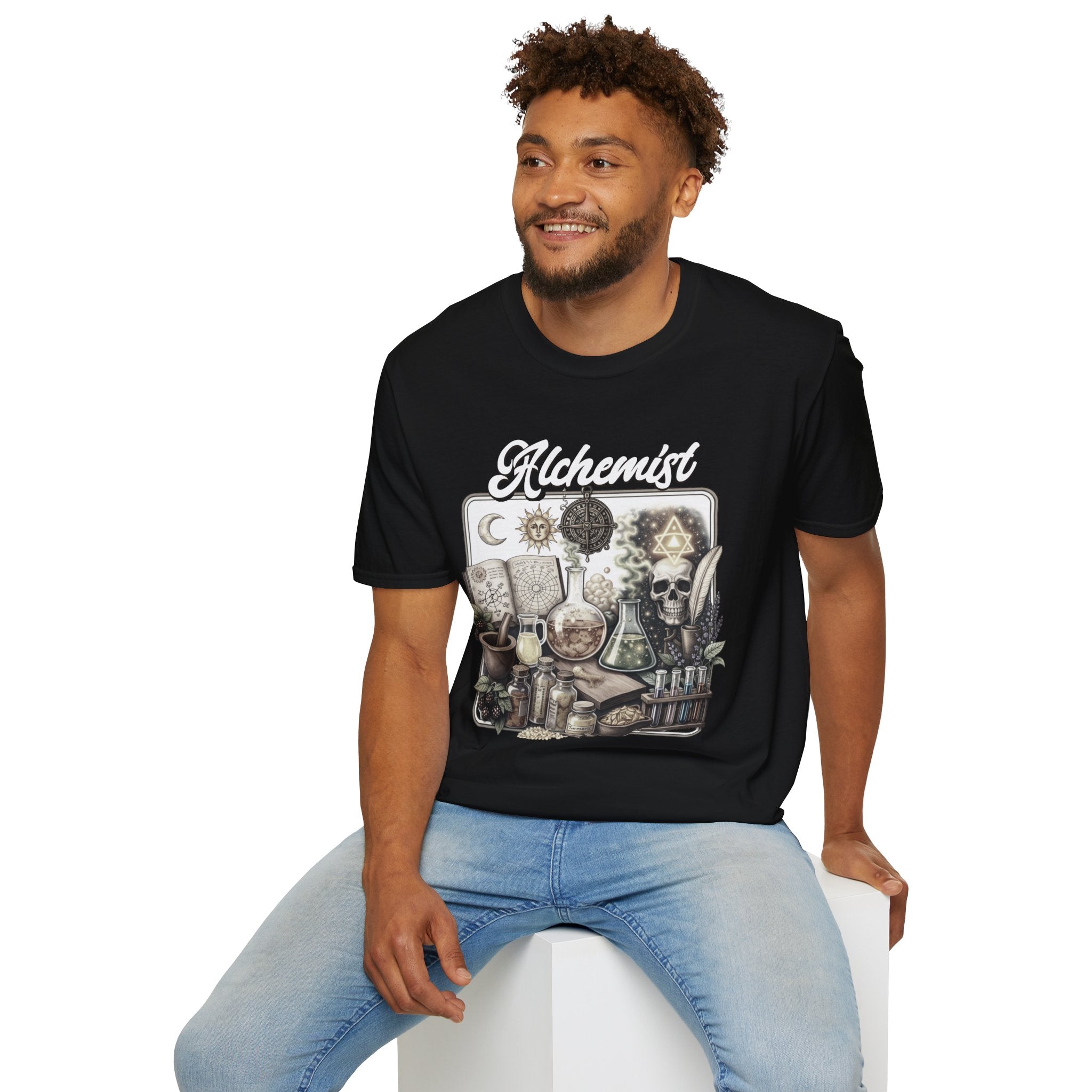 Alchemist Graphic T-Shirt — Vintage Apothecary Potion & Skull Design - Mystical Tee. Midnight Eye, LLC