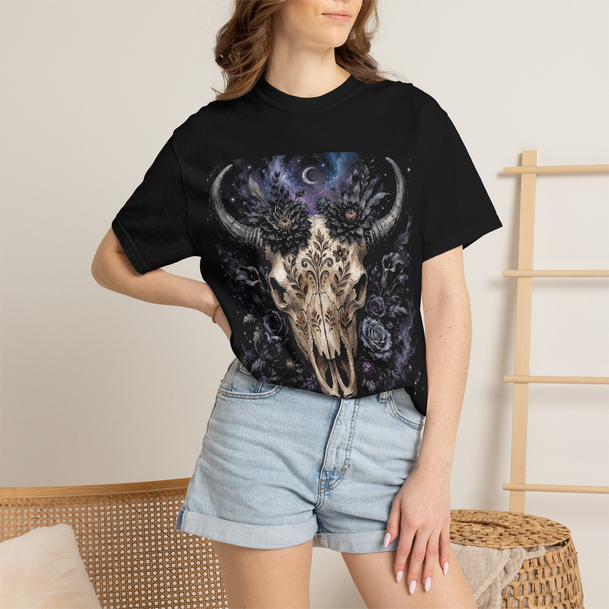 Roses Moon Skull Tee — Gothic Floral Bull Skull T-Shirt